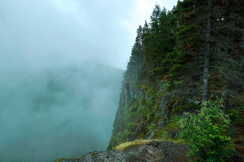 A steep, rocky cliff edge overlooking a dense forest veiled in mist, in North Bend, Washington, United States.