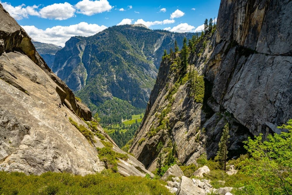 View looking down into Yosemite Valley from a rocky, forested overlook, with granite cliffs on either side and a bright blue sky with white clouds.
