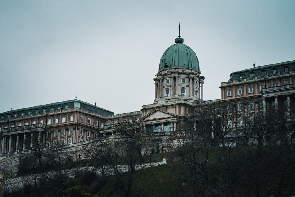 Buda Castle in Budapest, Hungary, on an overcast winter day, viewed from below with bare trees in the foreground.