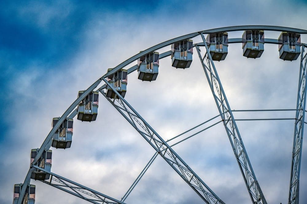 The upper arc of a Ferris wheel with suspended gondolas against a dramatic cloudy blue sky in Budapest, Hungary.