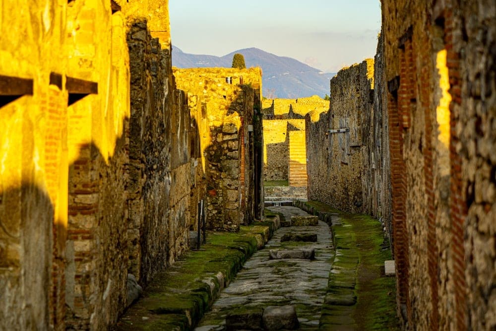 Ancient stone street in Pompeii, Italy, with moss-covered walls bathed in golden sunlight.