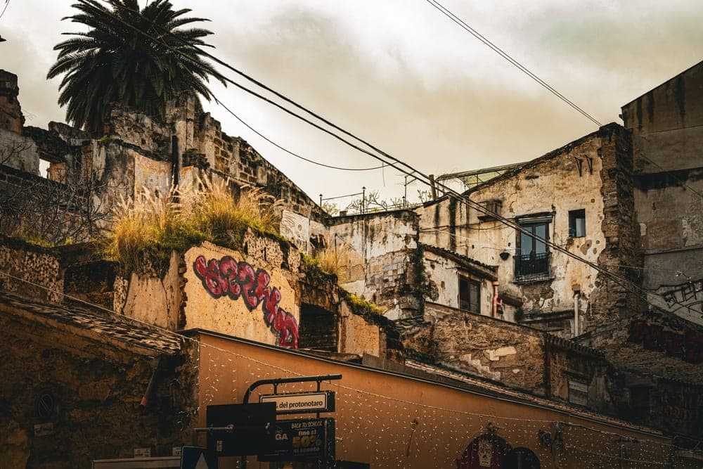 Crumbling old buildings with graffiti and a palm tree against a cloudy sky in Palermo, Italy.