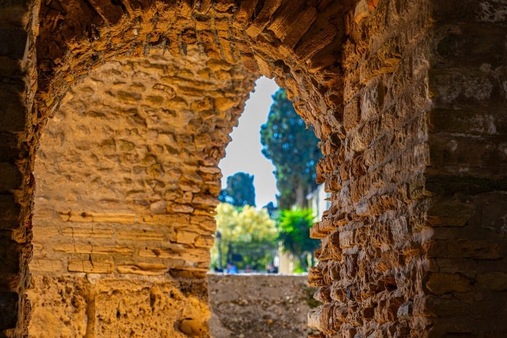 View through ancient stone arches of ruins in Tunis, Tunisia, with trees and sky visible beyond.