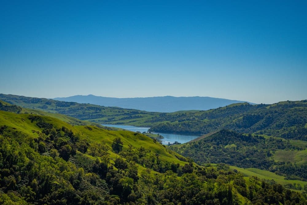 Rolling green hills and a blue reservoir under a clear blue sky, photographed in California, United States.
