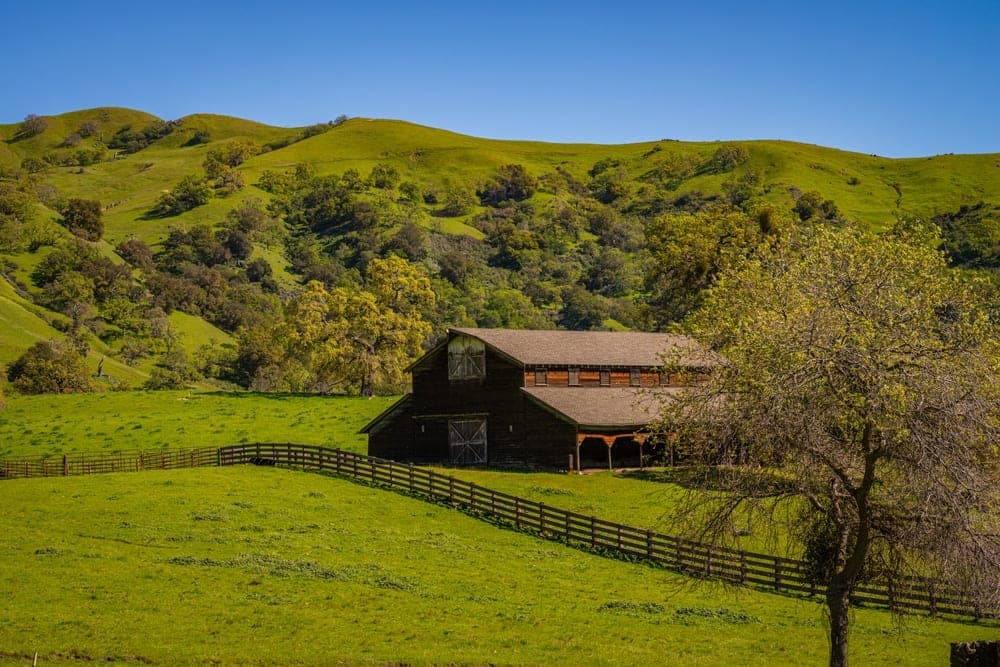 A dark wooden barn sits in a green, rolling landscape under a clear blue sky in Sunol, California, United States.
