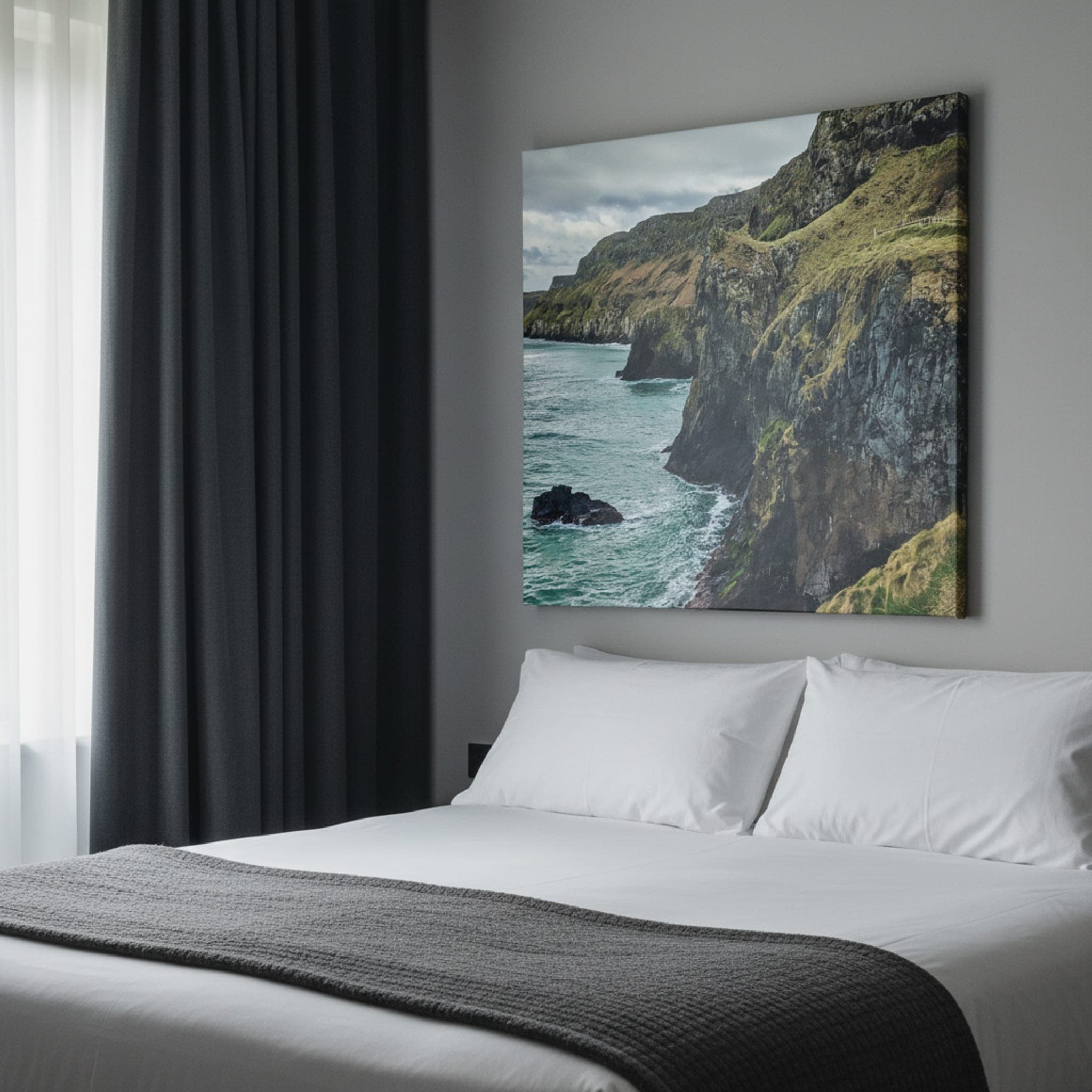 Emerald Cliffs of Kinbane shown as a canvas print in a styled interior, view 3 of 3
