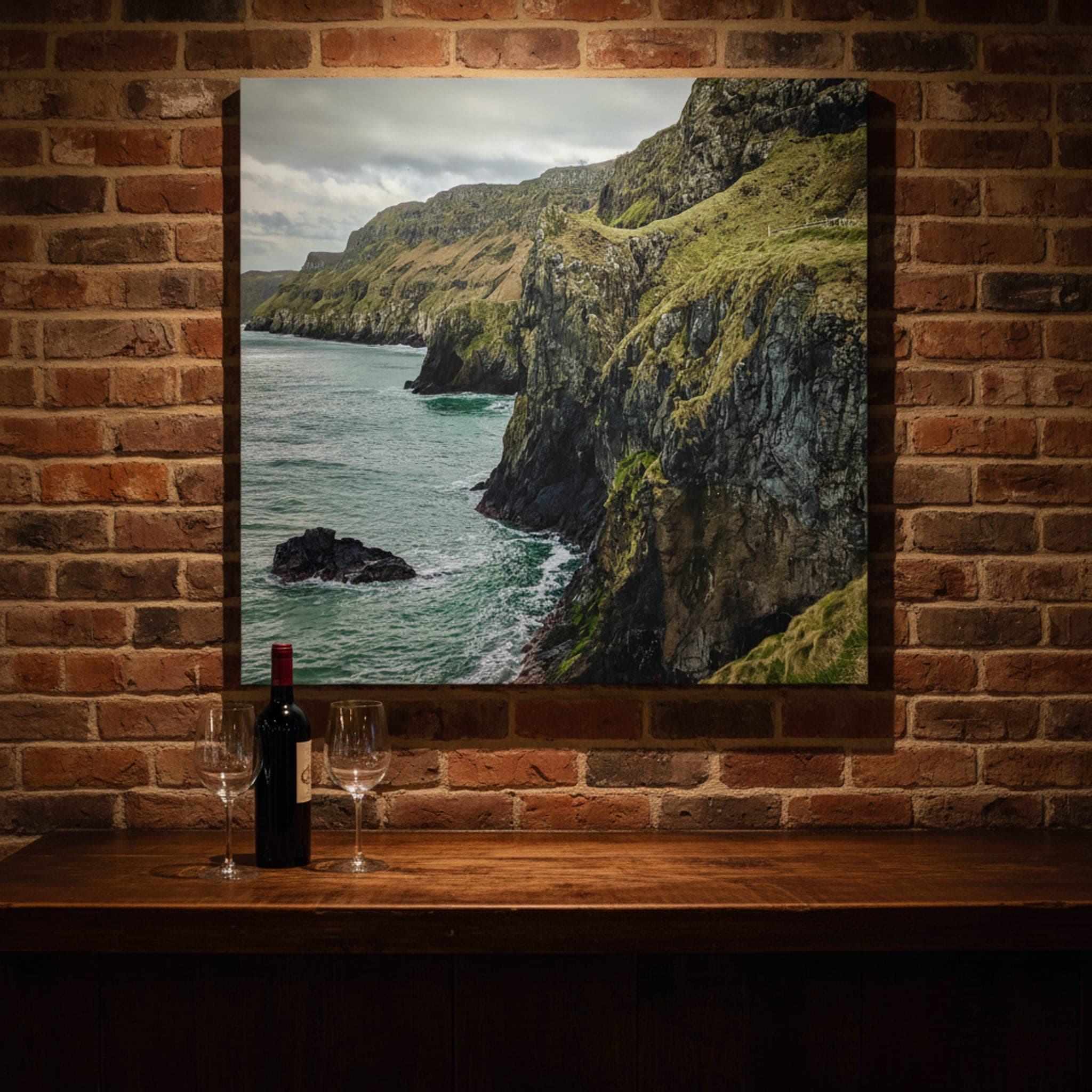 Emerald Cliffs of Kinbane shown as a canvas print in a styled interior, view 2 of 3