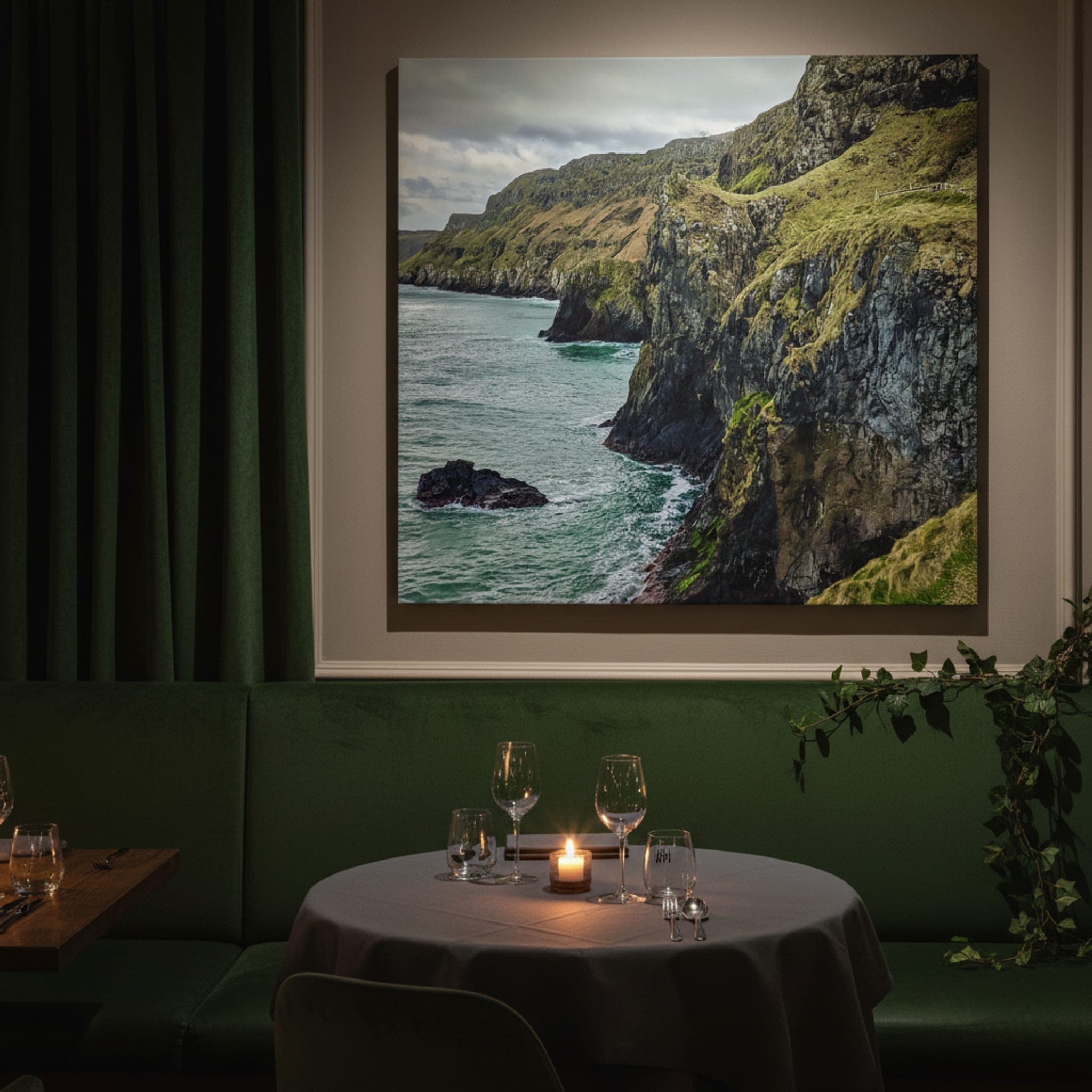 Emerald Cliffs of Kinbane shown as a canvas print in a styled interior, view 1 of 3