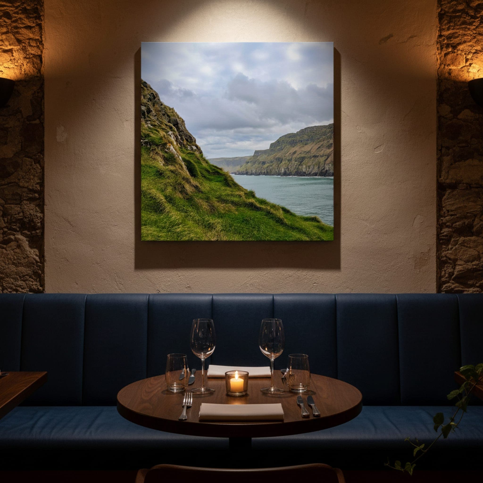 Emerald Cliffs of Causeway shown as a canvas print in a styled interior, view 1 of 3