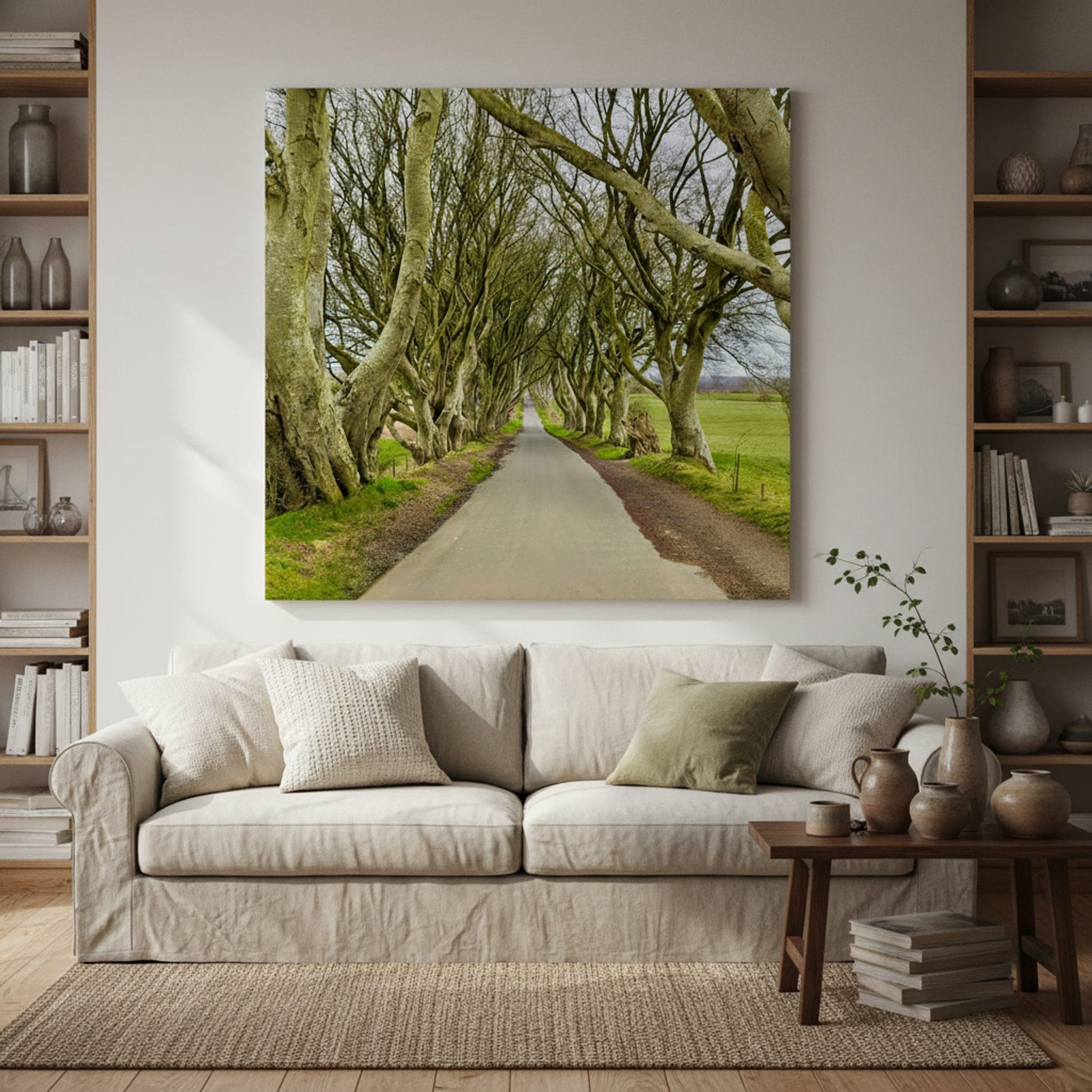 The Dark Hedges Path shown as a canvas print in a styled interior, view 1 of 3