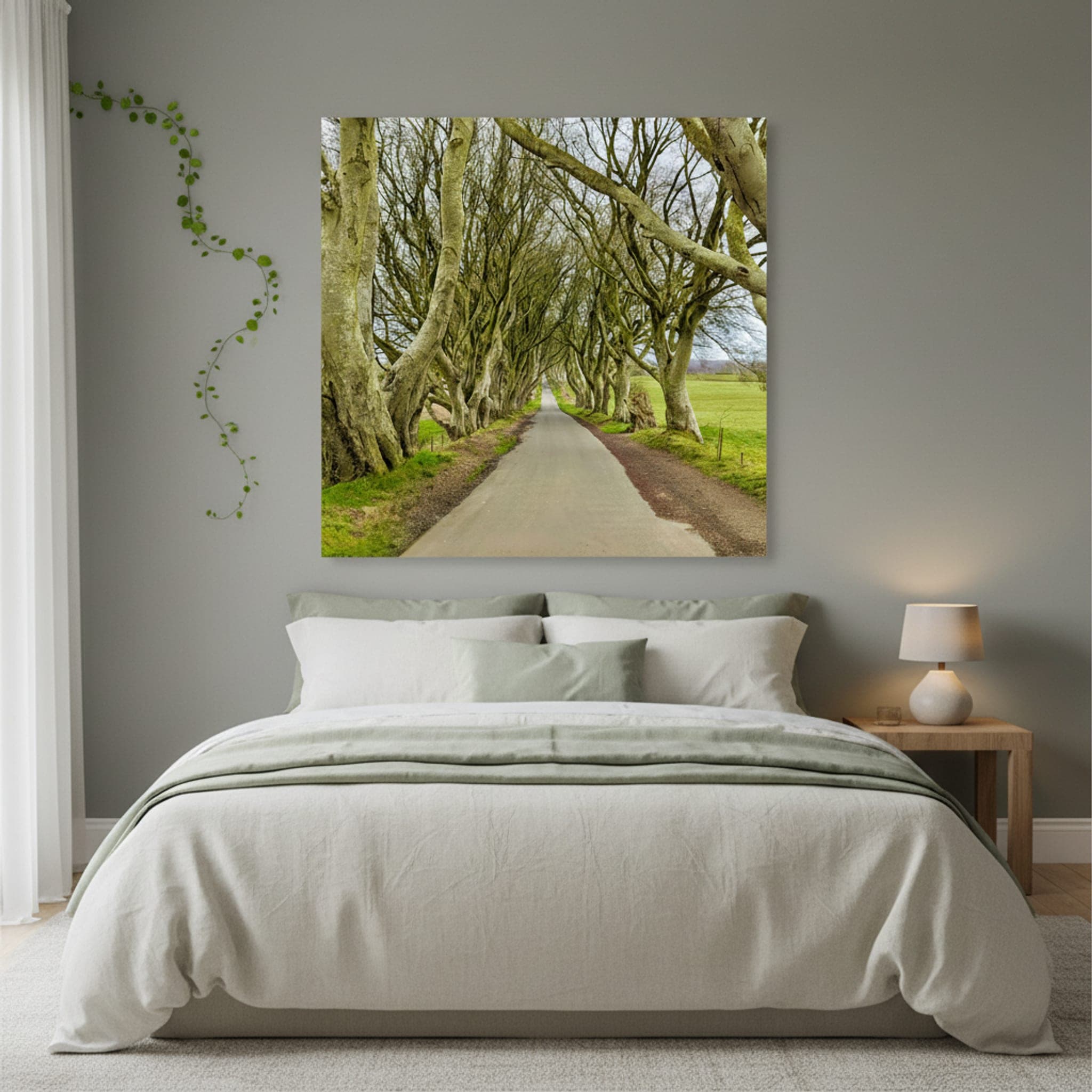 The Dark Hedges Path shown as a canvas print in a styled interior, view 3 of 3