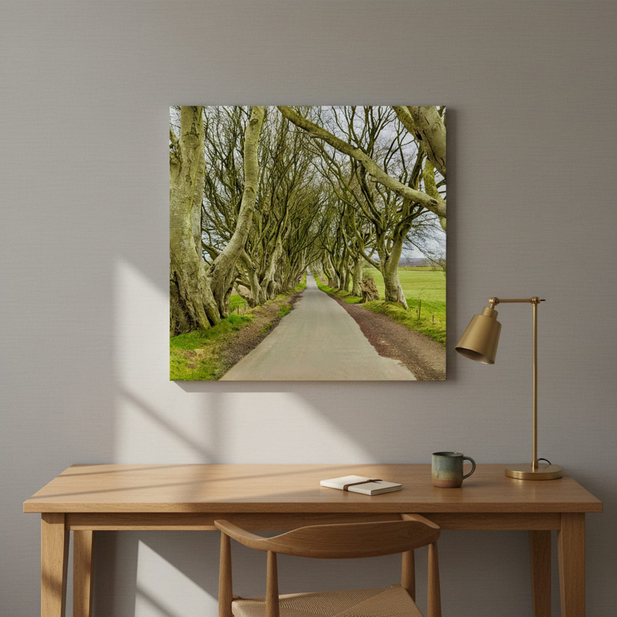 The Dark Hedges Path shown as a canvas print in a styled interior, view 2 of 3
