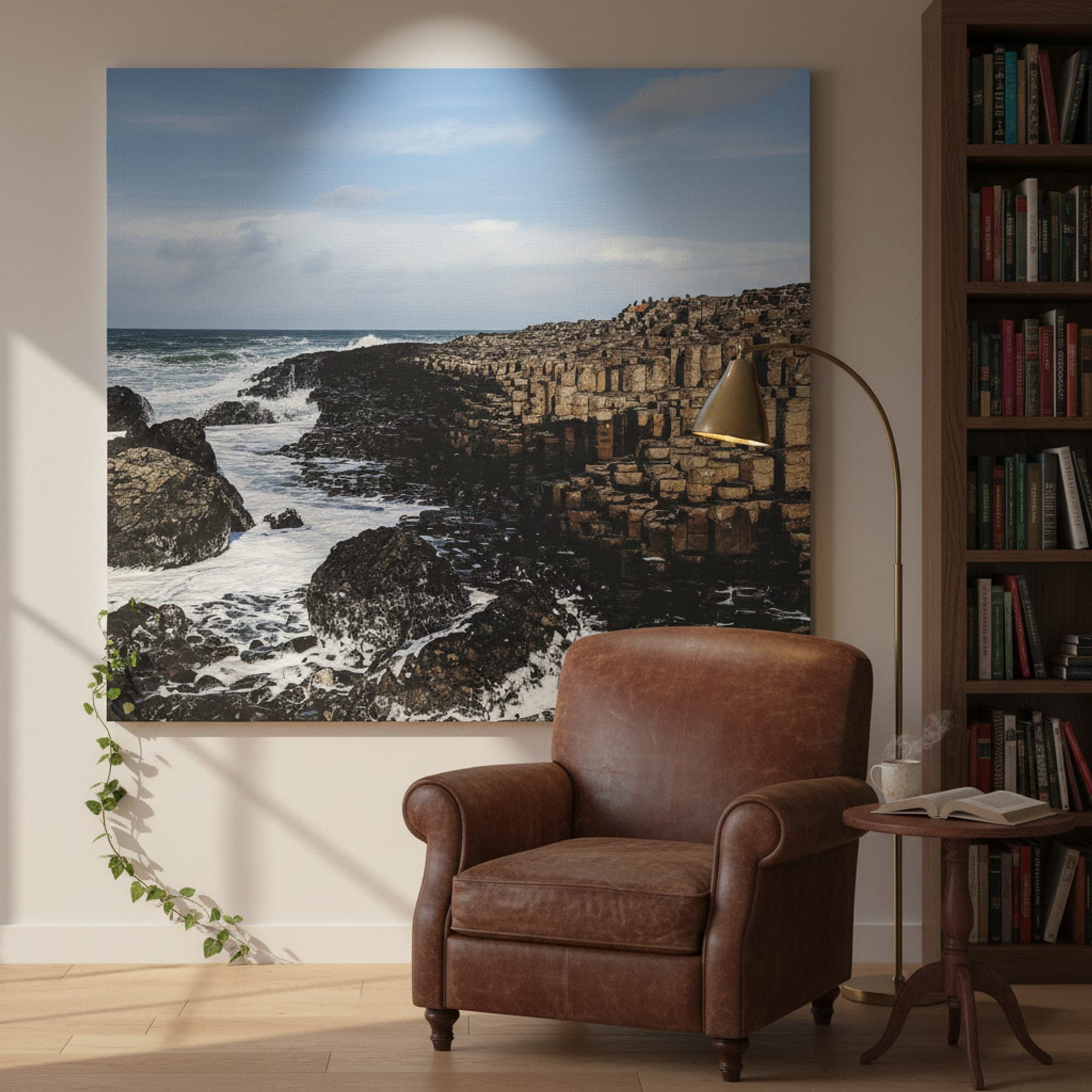 Causeway's Basalt Waves shown as a canvas print in a styled interior, view 3 of 3
