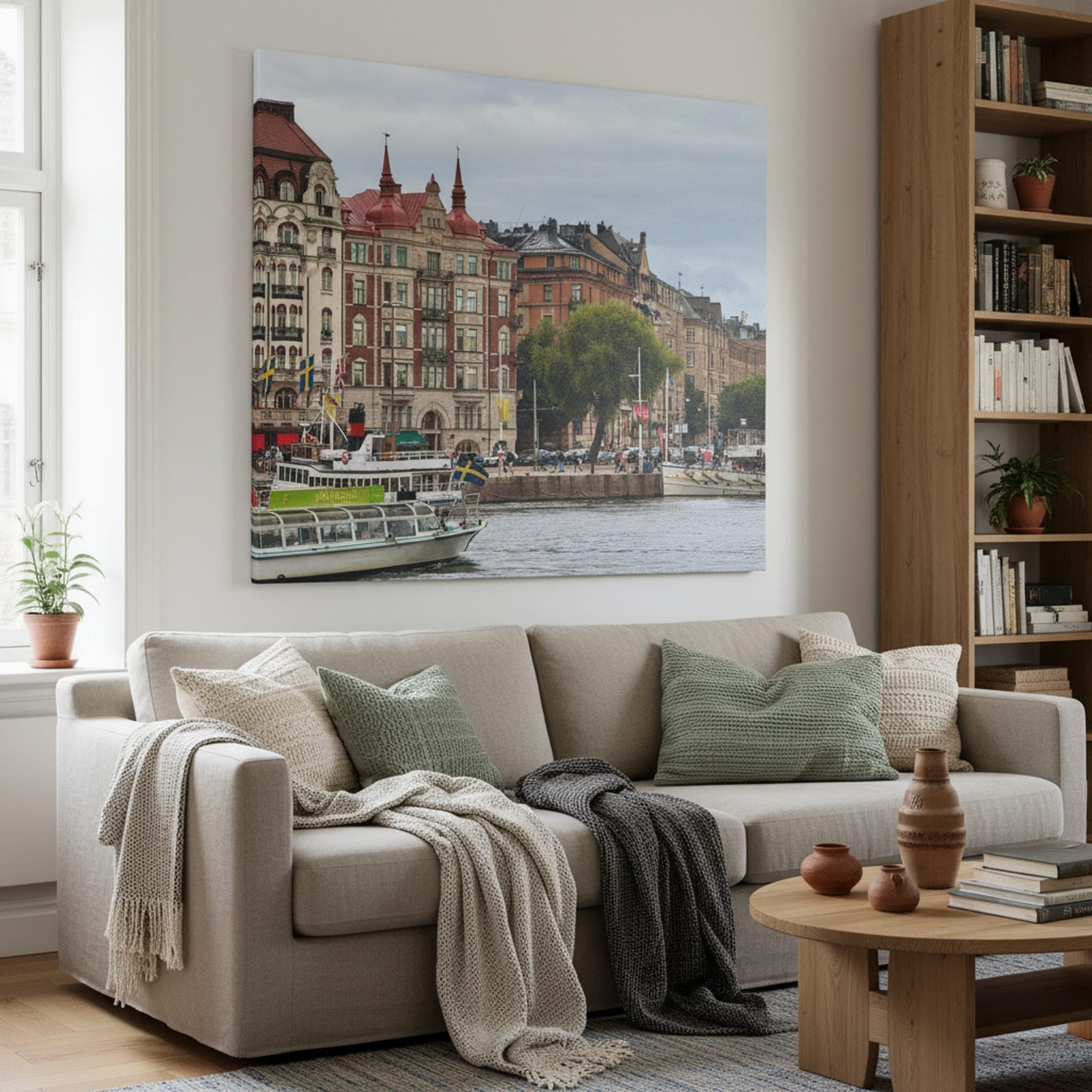 Stockholm Waterfront Serenity shown as a canvas print in a styled interior, view 1 of 3