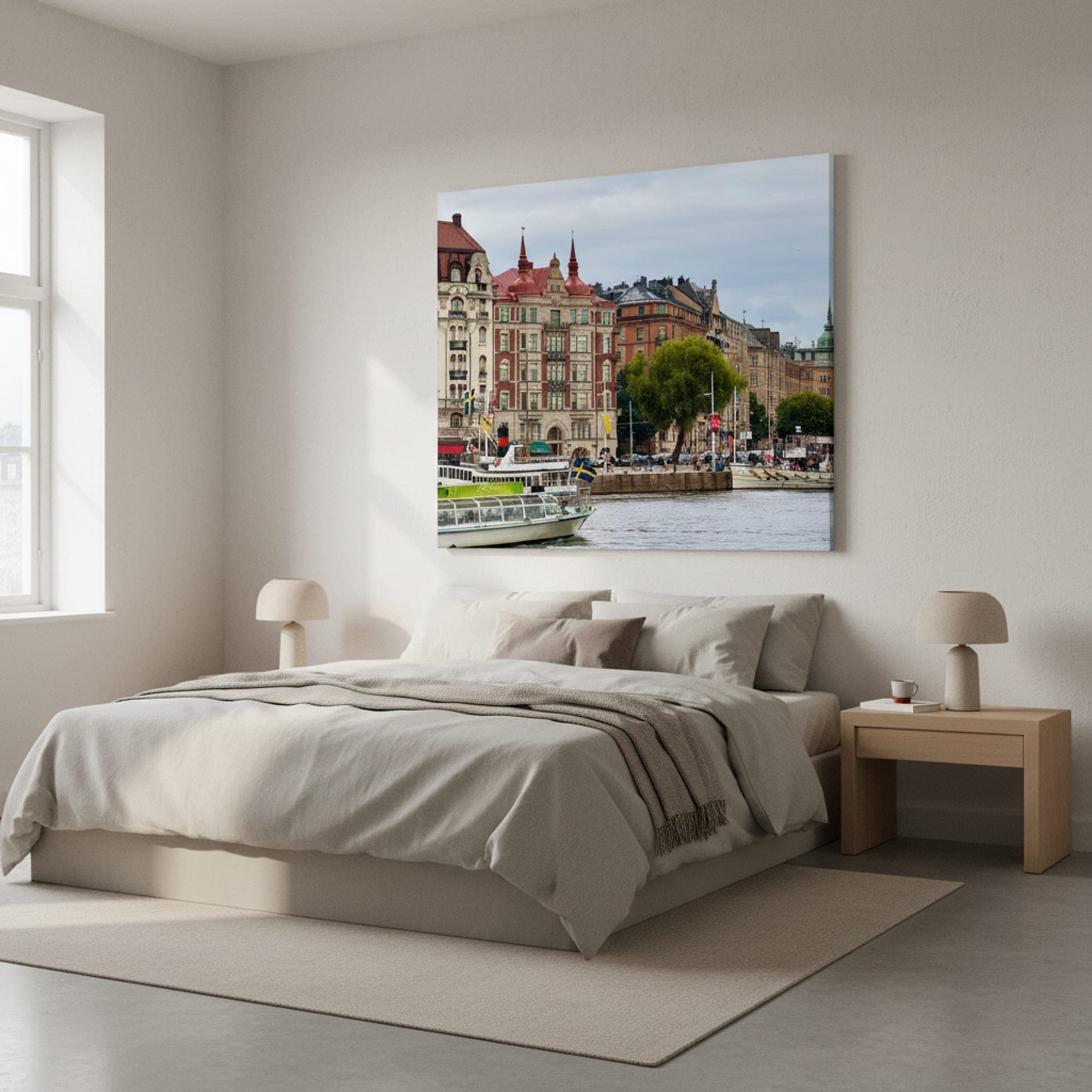 Stockholm Waterfront Serenity shown as a canvas print in a styled interior, view 2 of 3