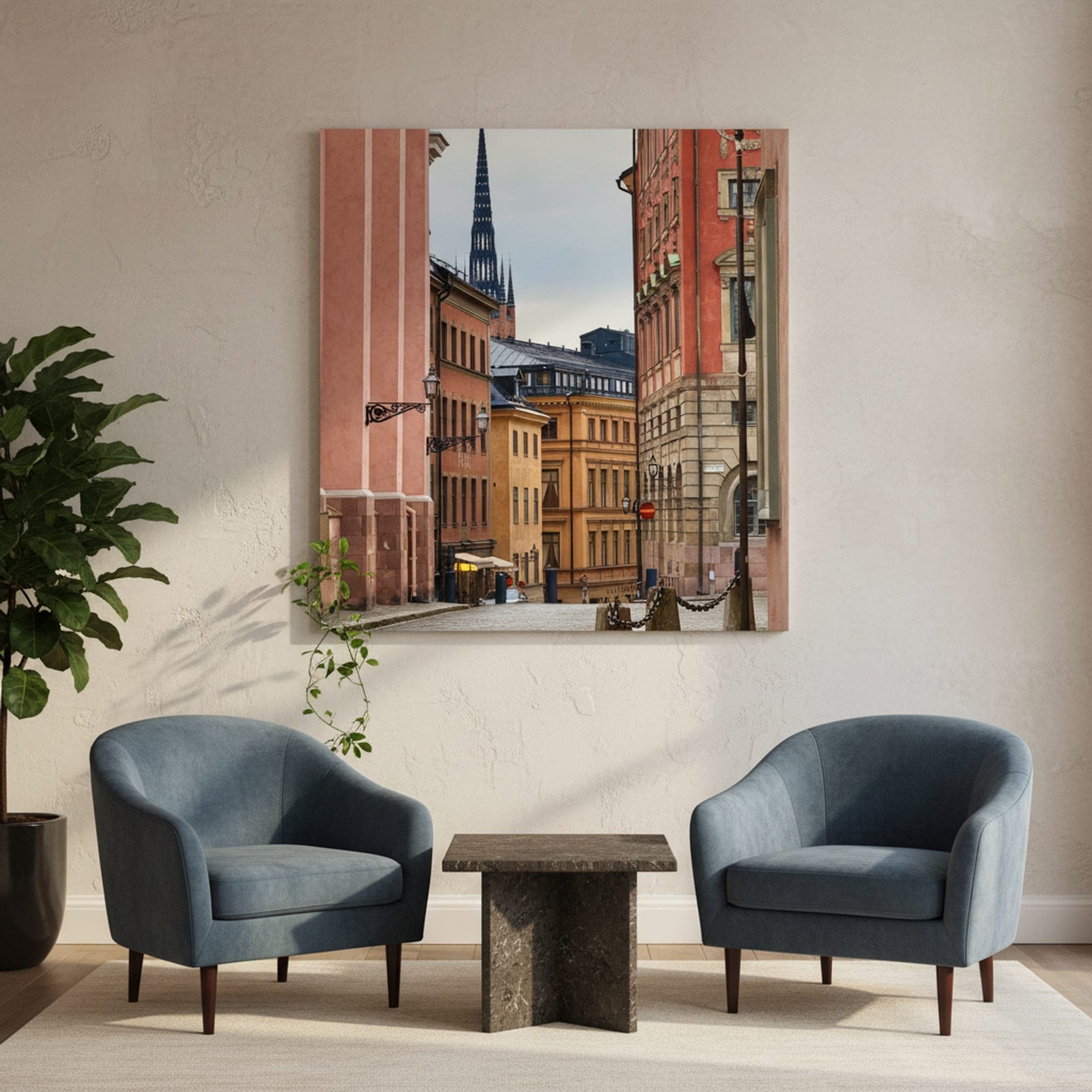 Stockholm's Historic Descent shown as a canvas print in a styled interior, view 3 of 3