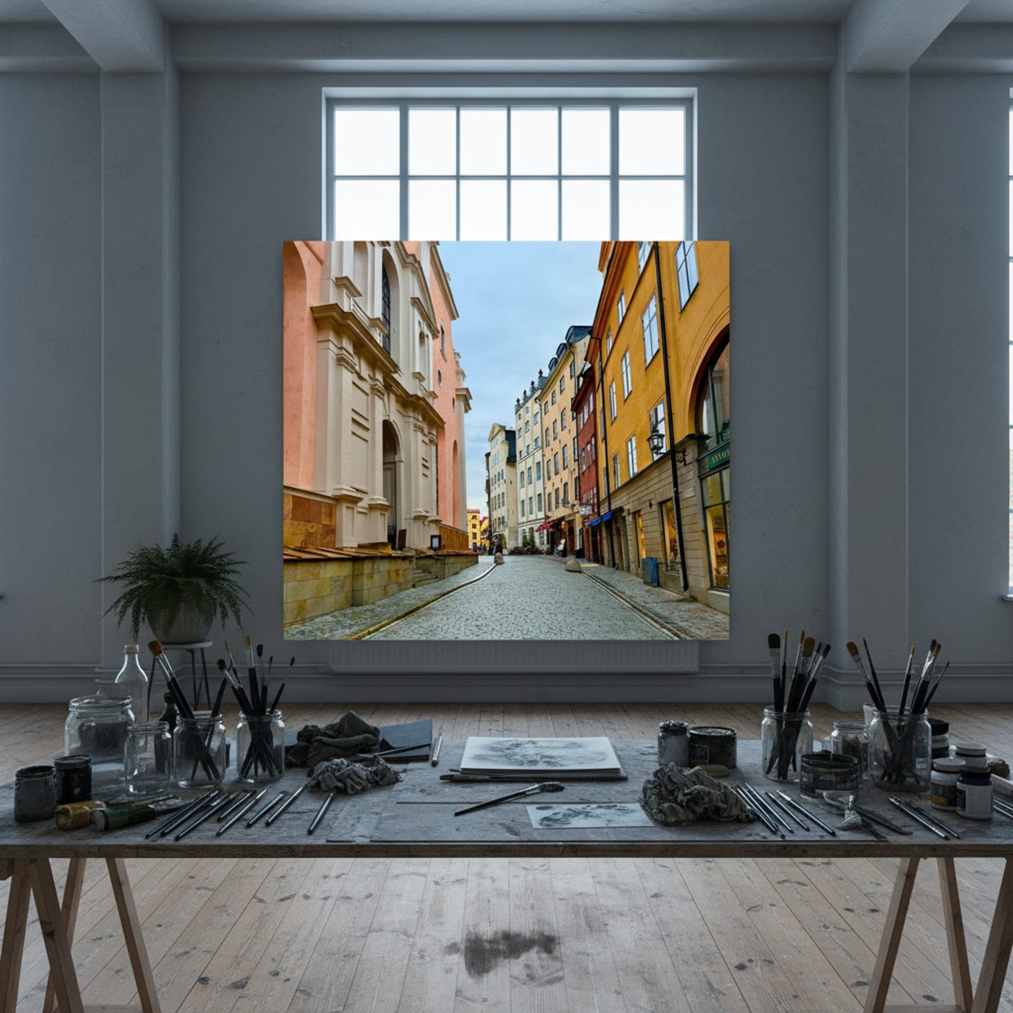 Stockholm's Historic Embrace shown as a canvas print in a styled interior, view 2 of 3