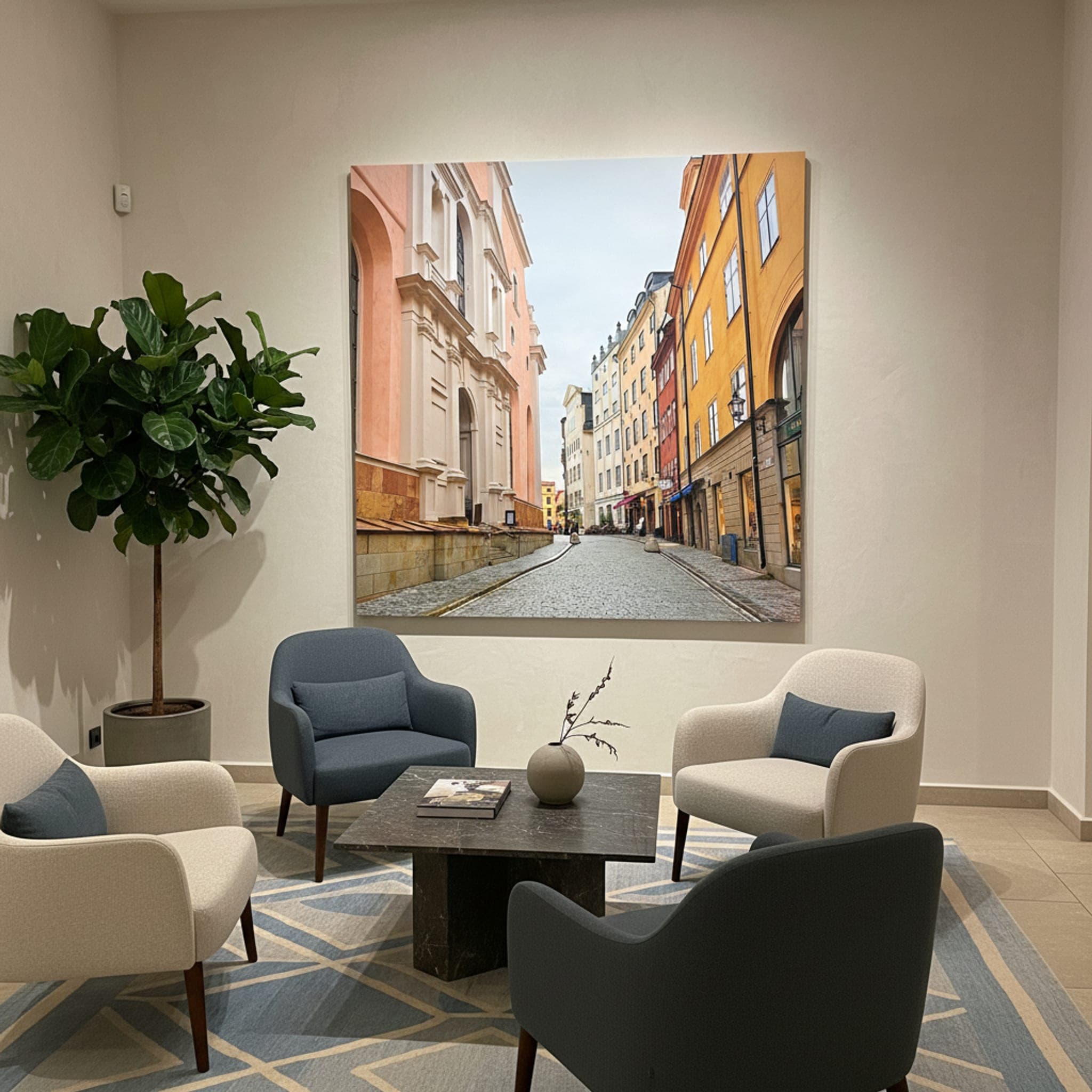 Stockholm's Historic Embrace shown as a canvas print in a styled interior, view 1 of 3