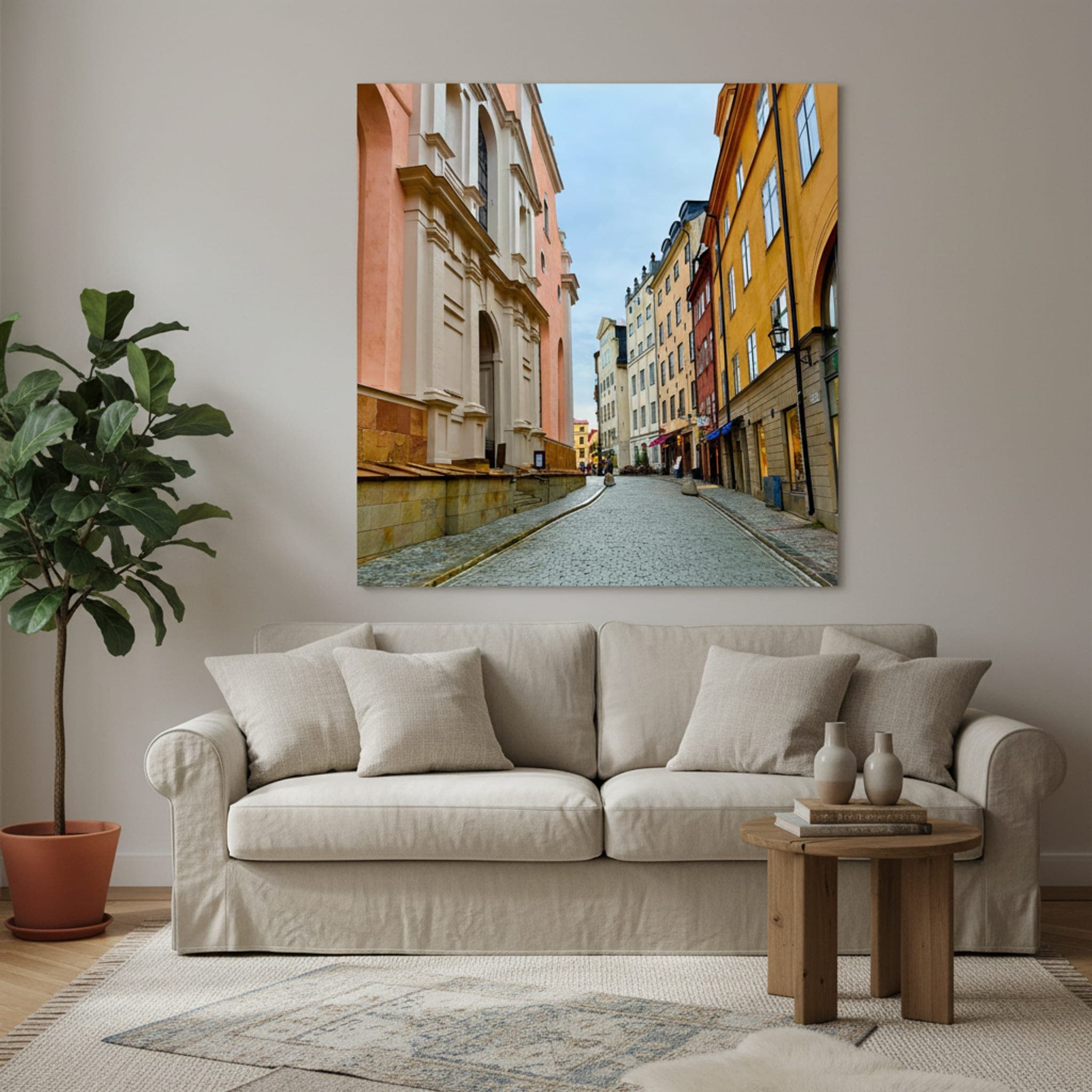 Stockholm's Historic Embrace shown as a canvas print in a styled interior, view 3 of 3