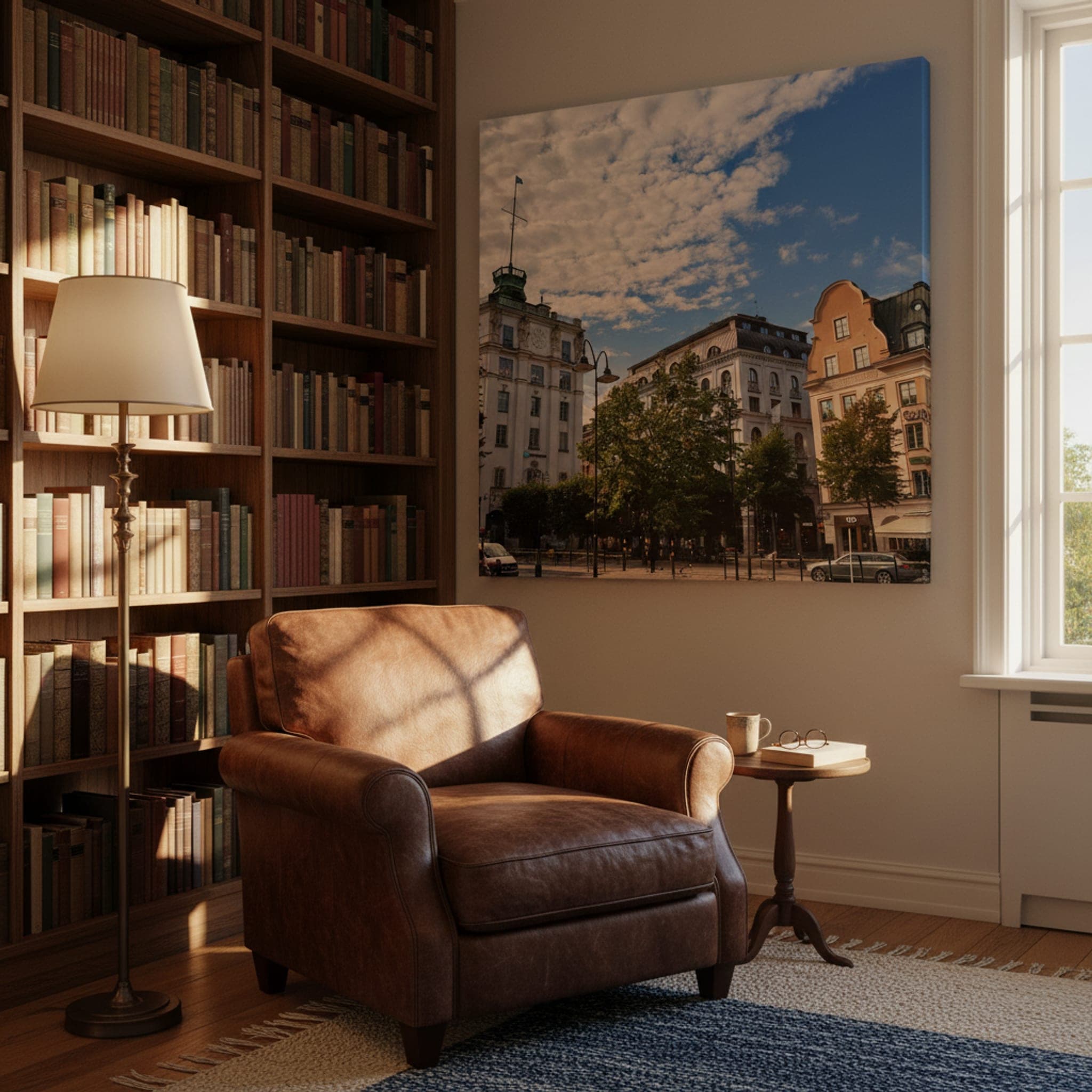 Stockholm's Architectural Harmony shown as a canvas print in a styled interior, view 2 of 3
