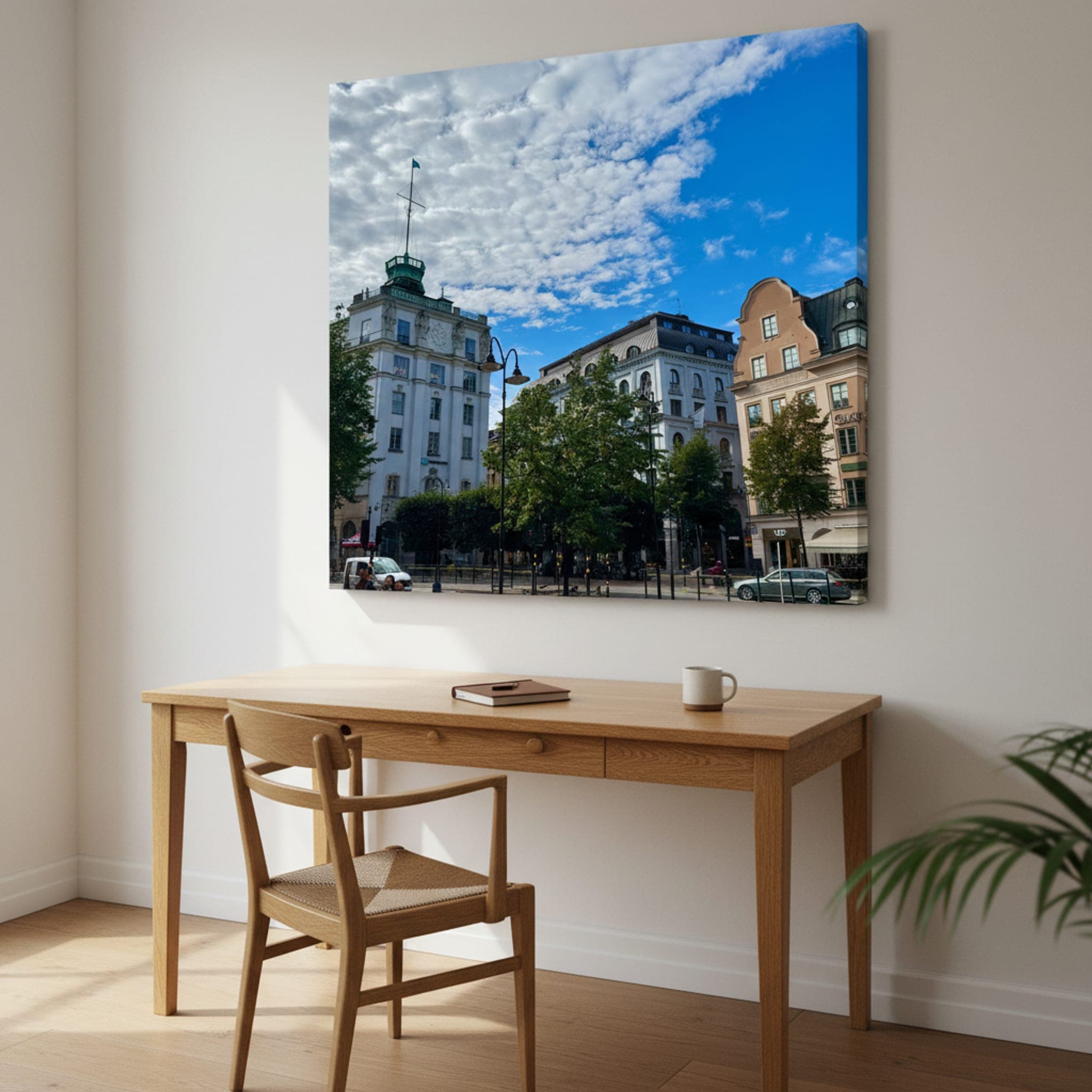 Stockholm's Architectural Harmony shown as a canvas print in a styled interior, view 1 of 3