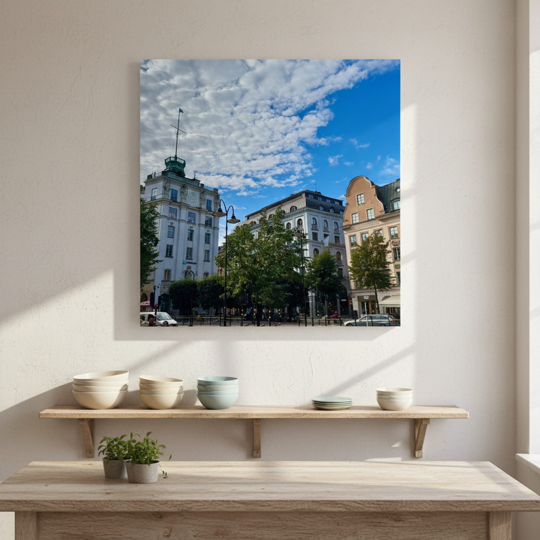 Stockholm's Architectural Harmony shown as a canvas print in a styled interior, view 3 of 3