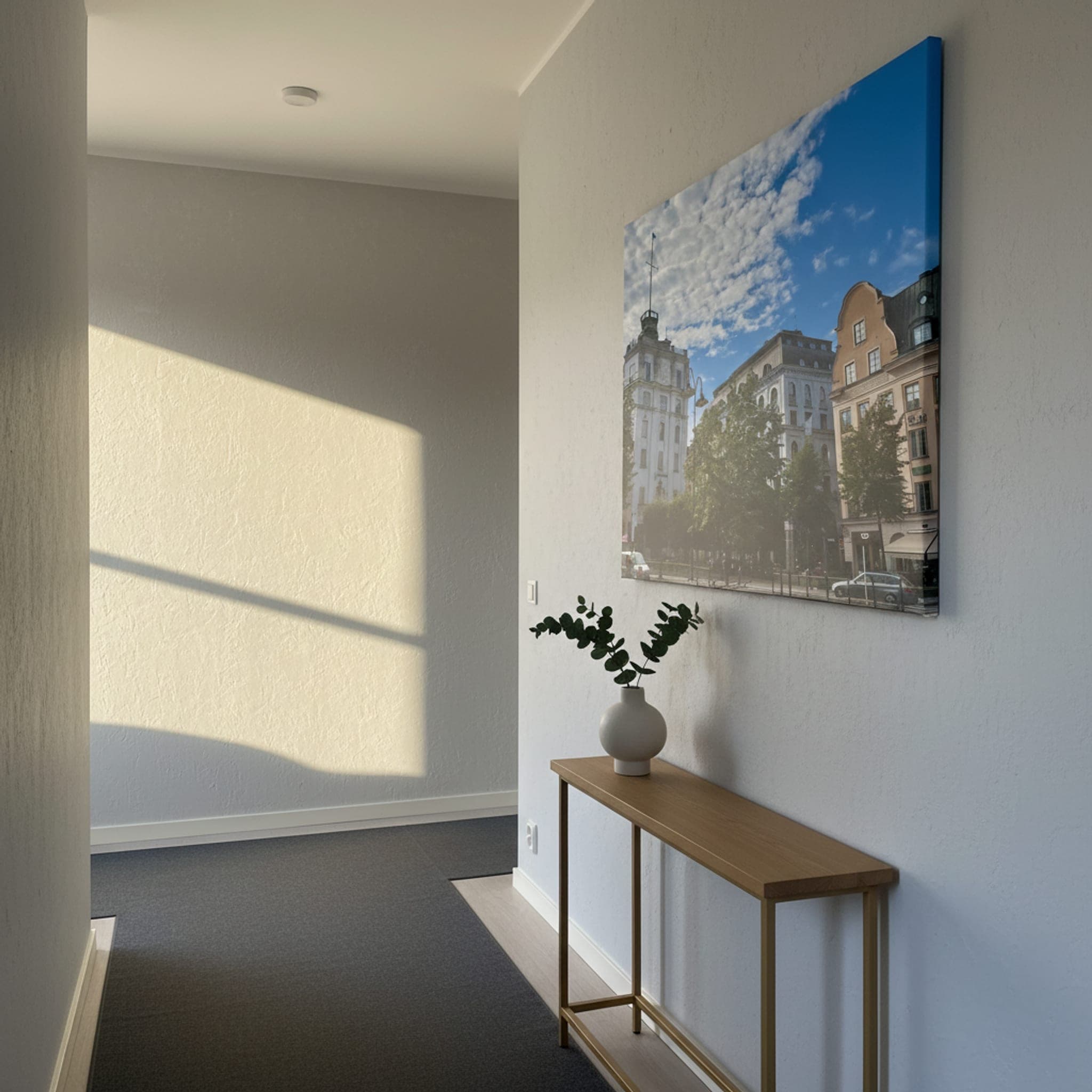 Stockholm's Architectural Embrace shown as a canvas print in a styled interior, view 3 of 3