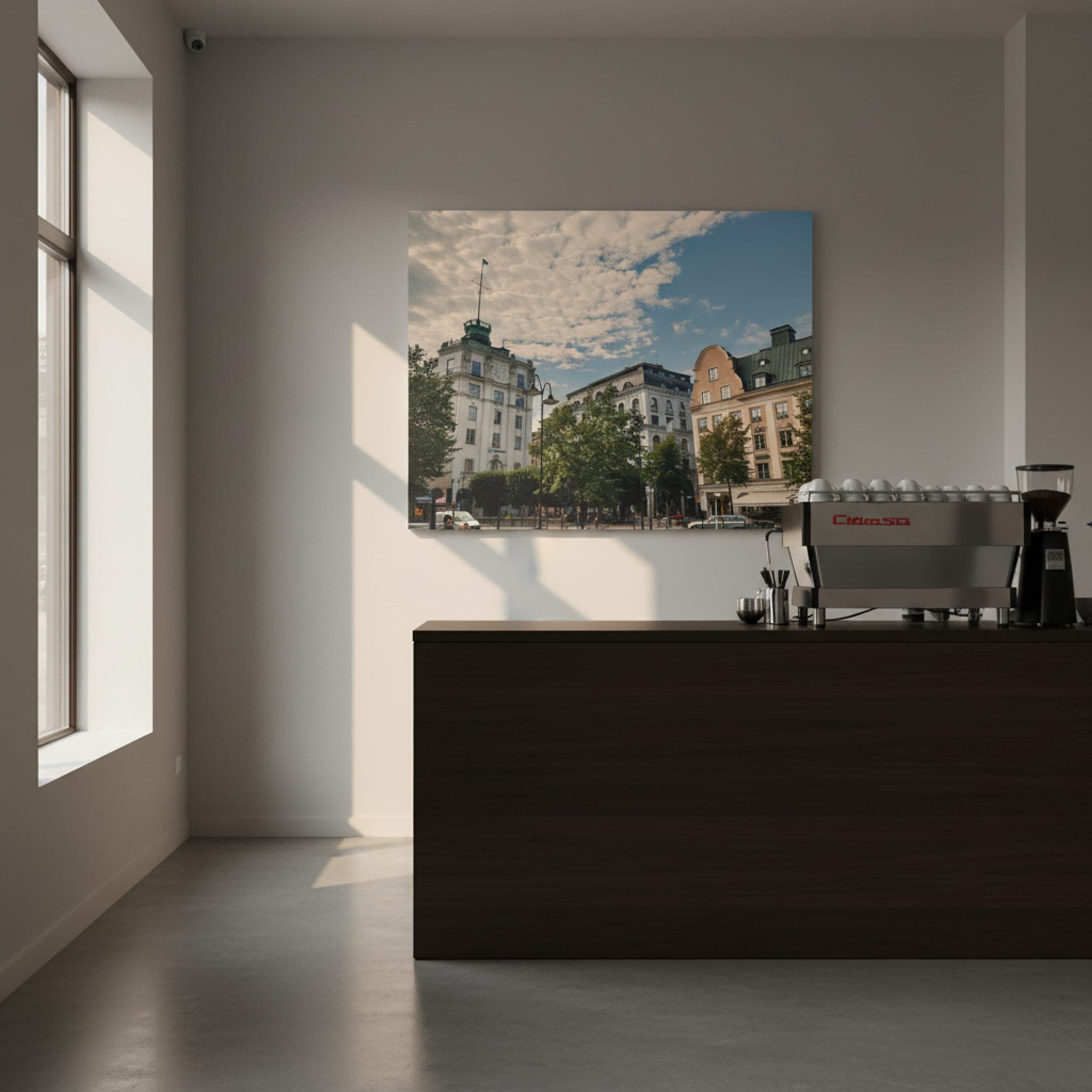 Stockholm's Architectural Embrace shown as a canvas print in a styled interior, view 2 of 3