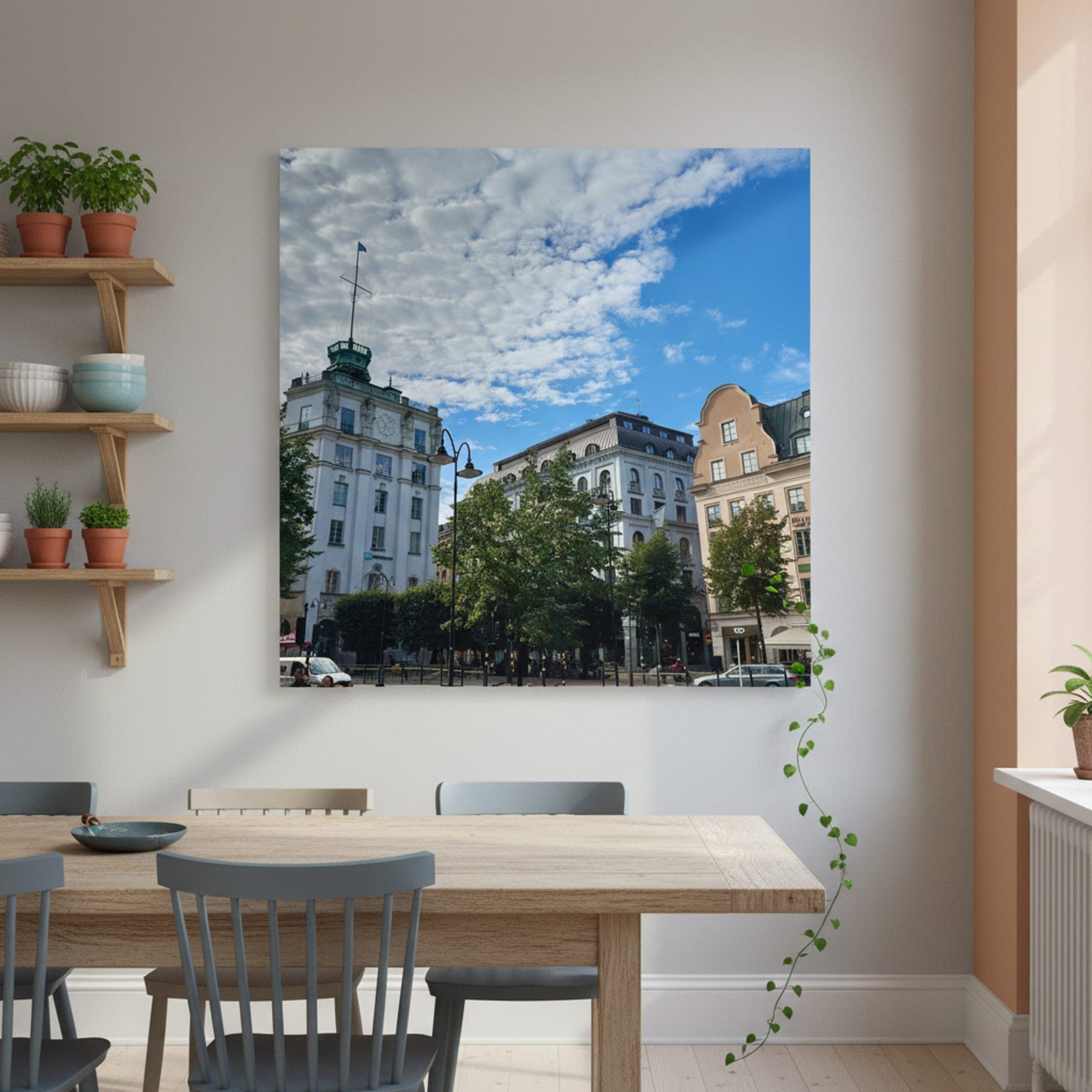 Stockholm's Architectural Embrace shown as a canvas print in a styled interior, view 1 of 3