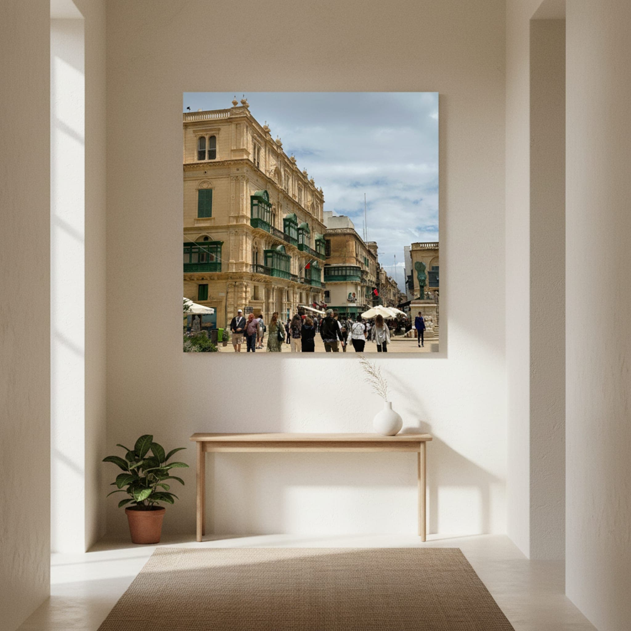 Valletta's Emerald Balconies shown as a canvas print in a styled interior, view 3 of 3
