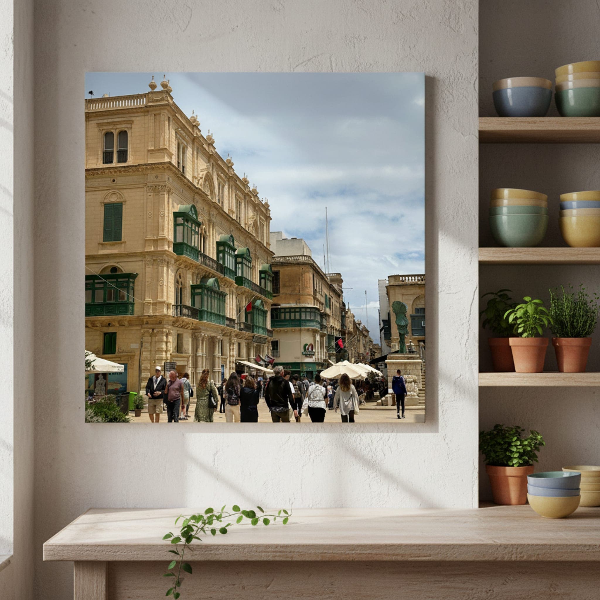 Valletta's Emerald Balconies shown as a canvas print in a styled interior, view 2 of 3