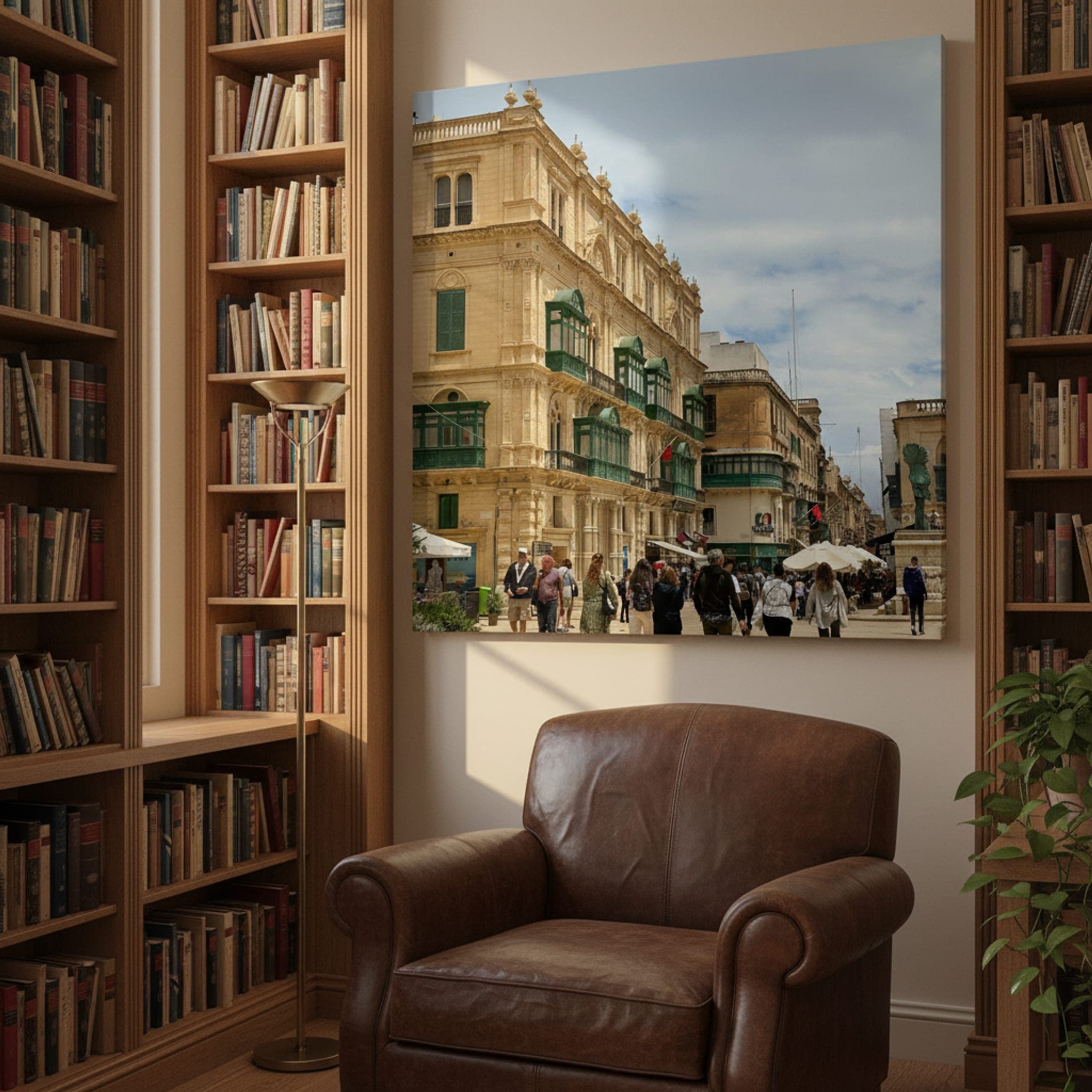 Valletta's Emerald Balconies shown as a canvas print in a styled interior, view 1 of 3