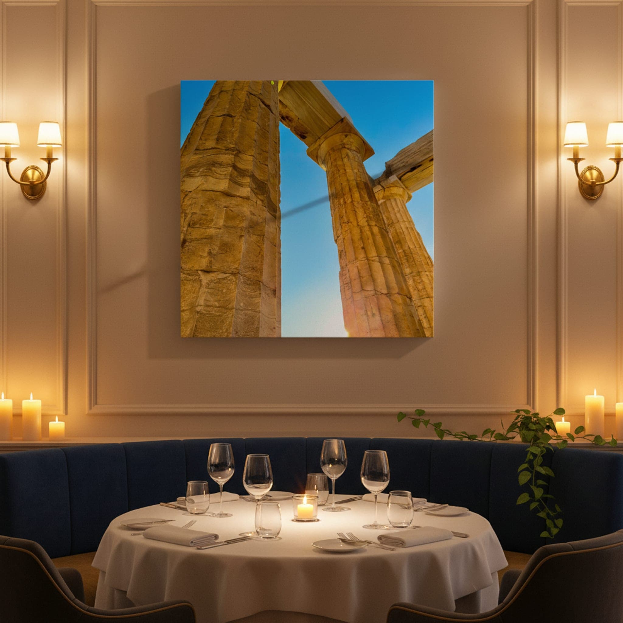 Aegean Pillars Ascend shown as a canvas print in a styled interior, view 1 of 3