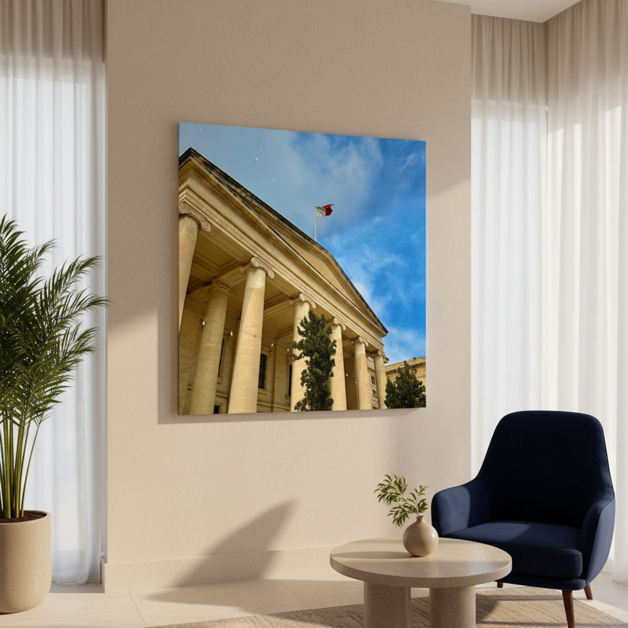 Valletta's Majestic Columns shown as a canvas print in a styled interior, view 1 of 3