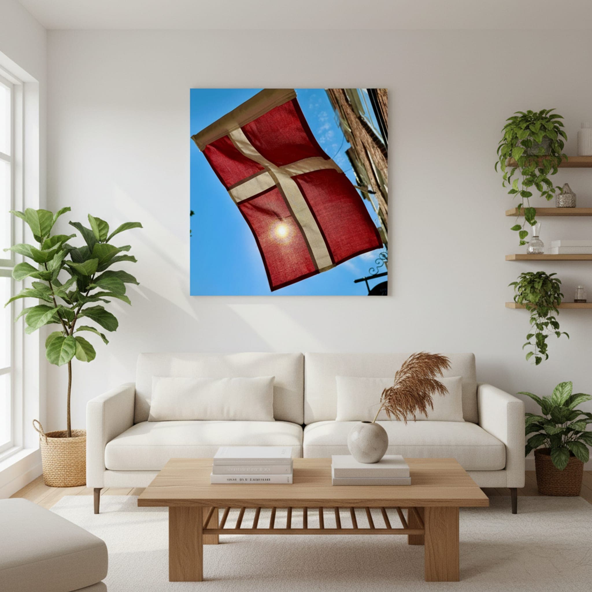 Dannebrog Sunburst shown as a canvas print in a styled interior, view 1 of 3