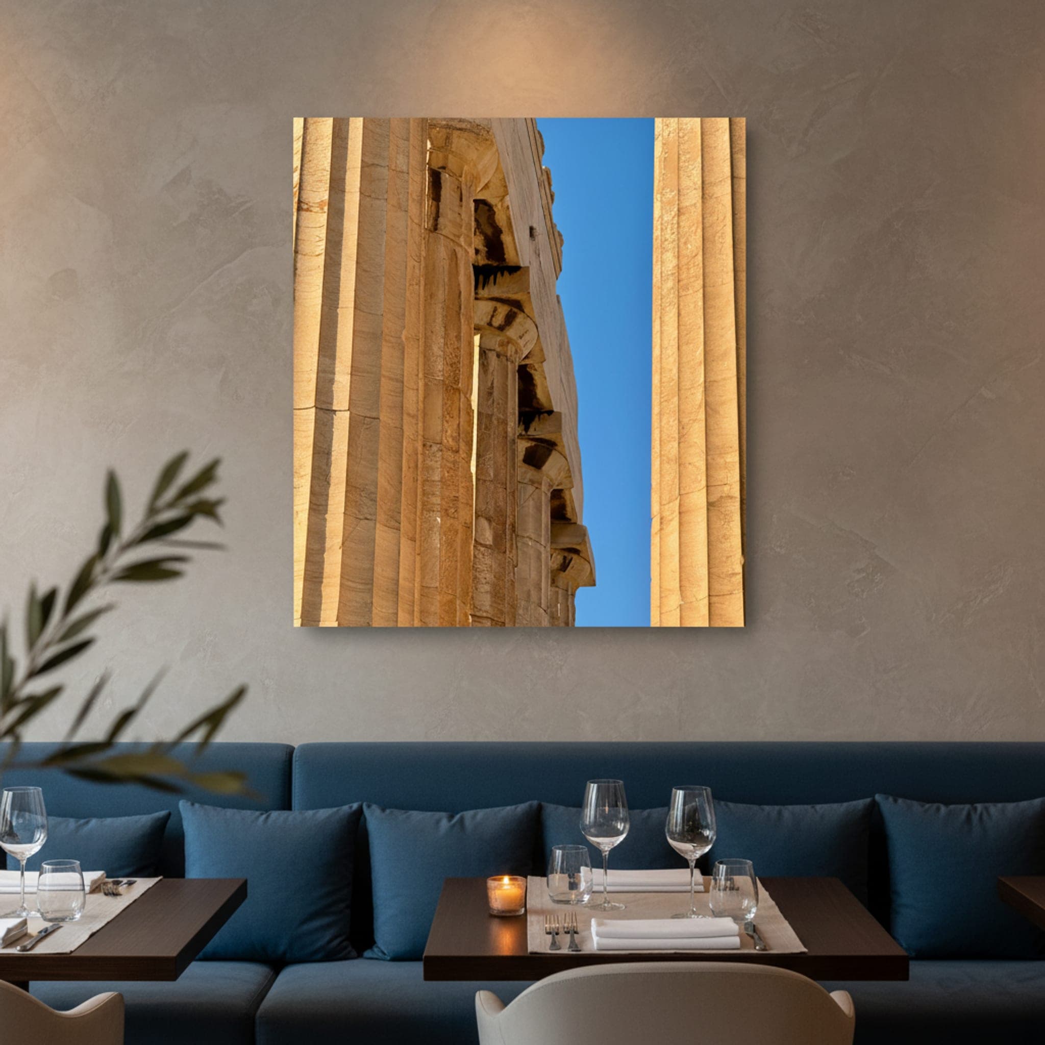 Ancient Echoes, Grecian Sun shown as a canvas print in a styled interior, view 1 of 3