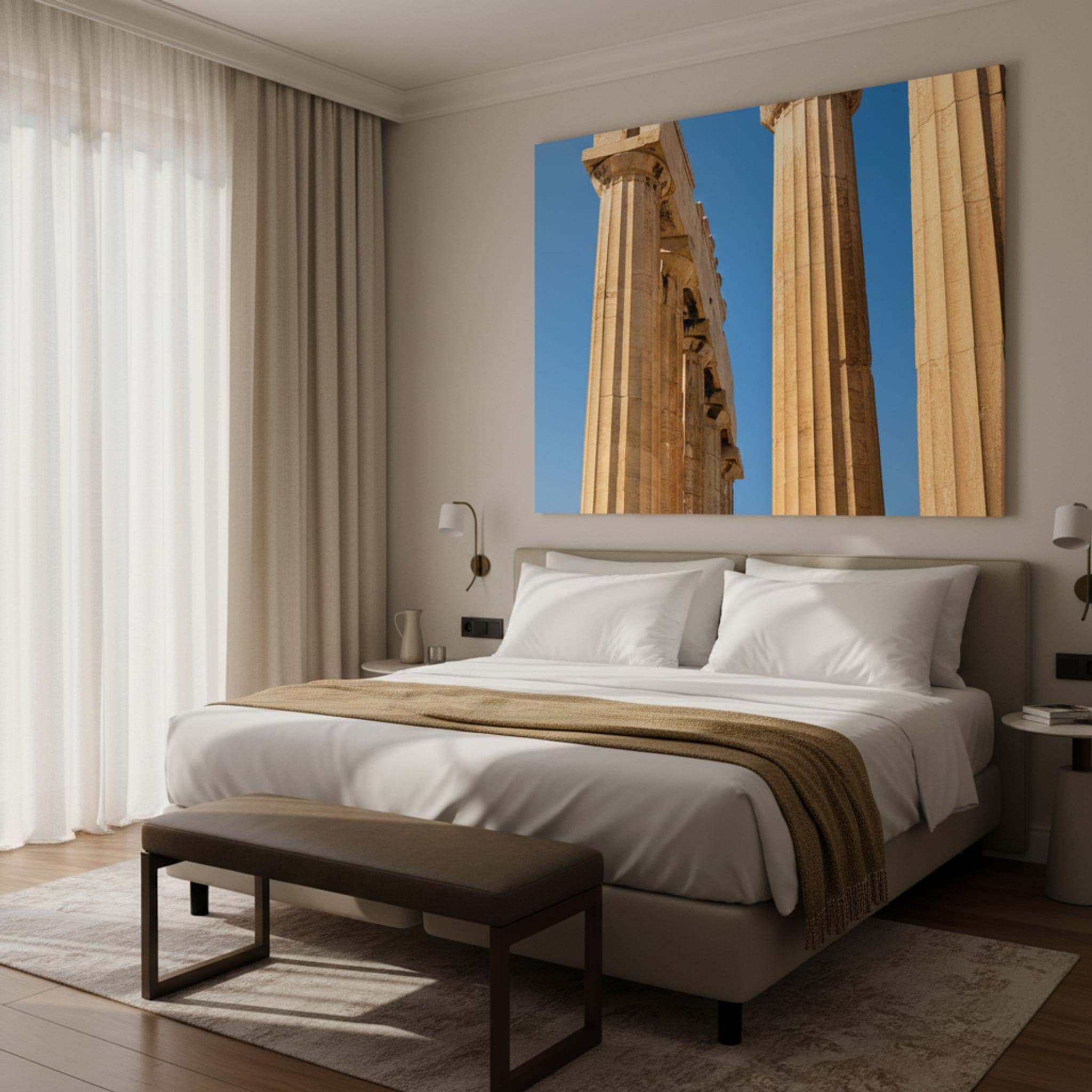 Ancient Echoes, Grecian Sun shown as a canvas print in a styled interior, view 3 of 3