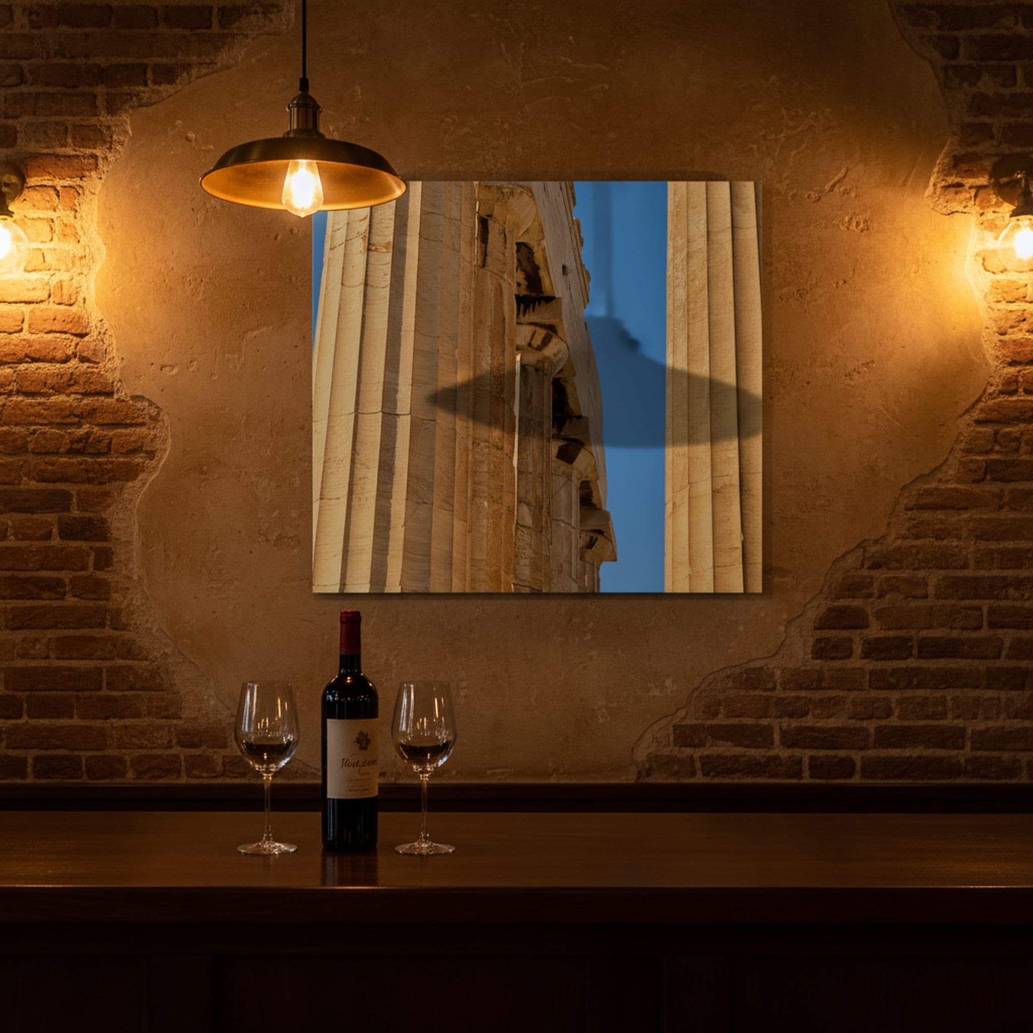 Ancient Echoes, Grecian Sun shown as a canvas print in a styled interior, view 2 of 3
