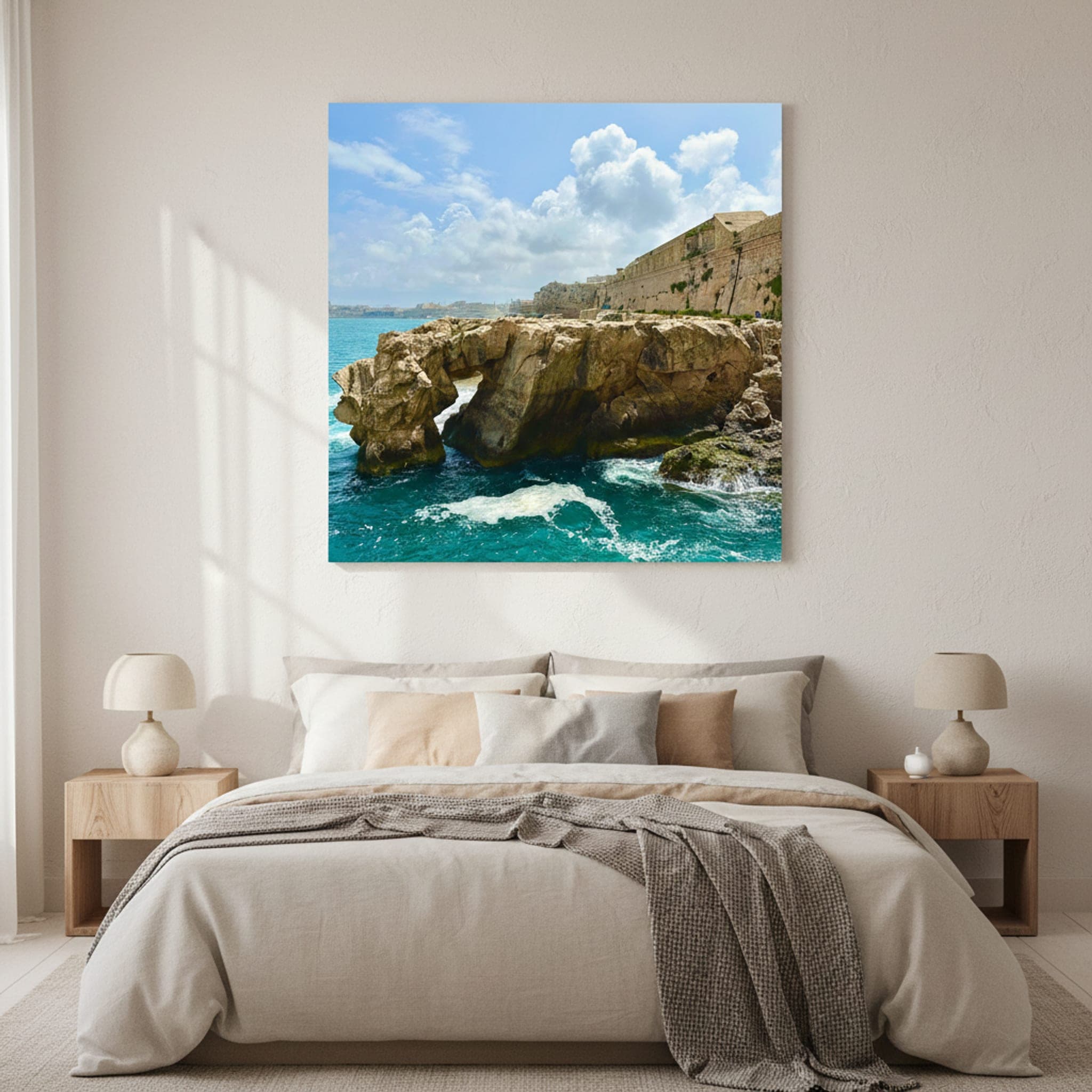 Malta's Azure Archway shown as a canvas print in a styled interior, view 3 of 3
