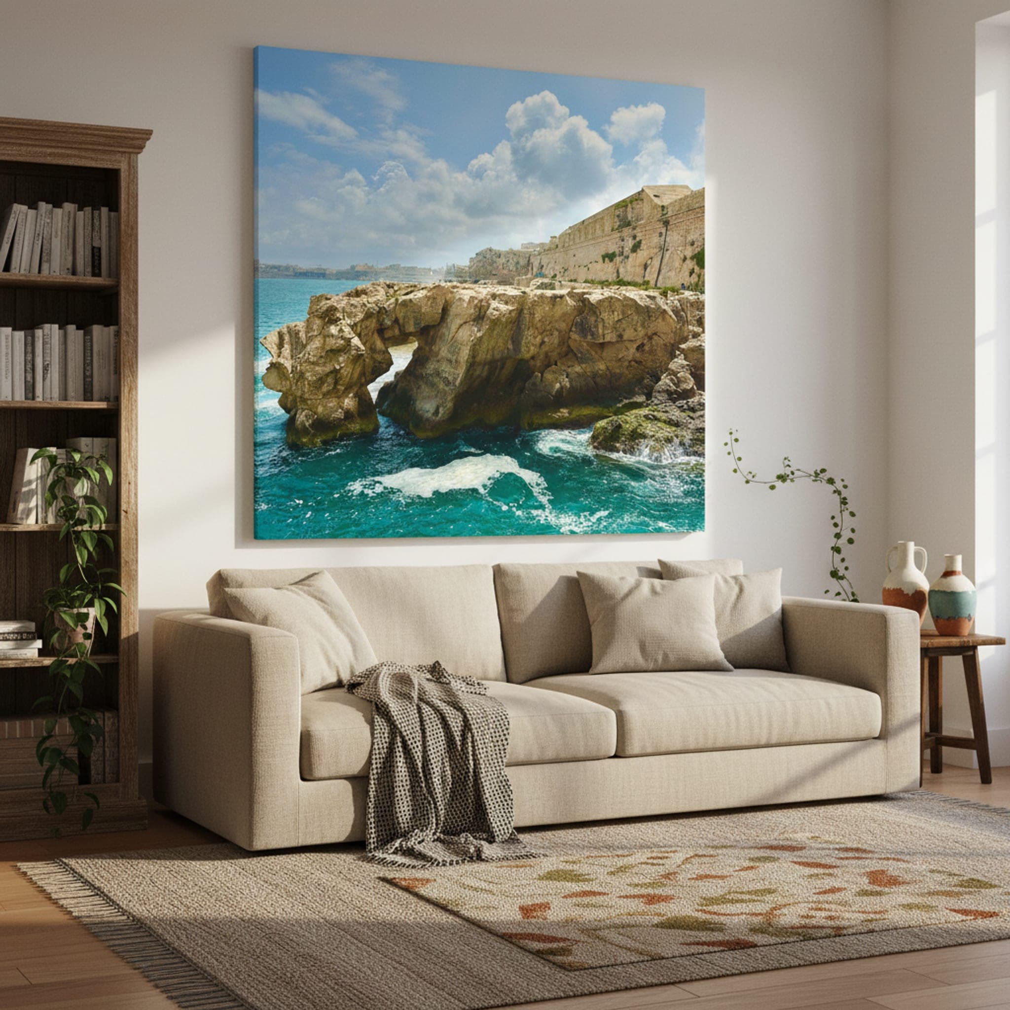 Malta's Azure Archway shown as a canvas print in a styled interior, view 2 of 3