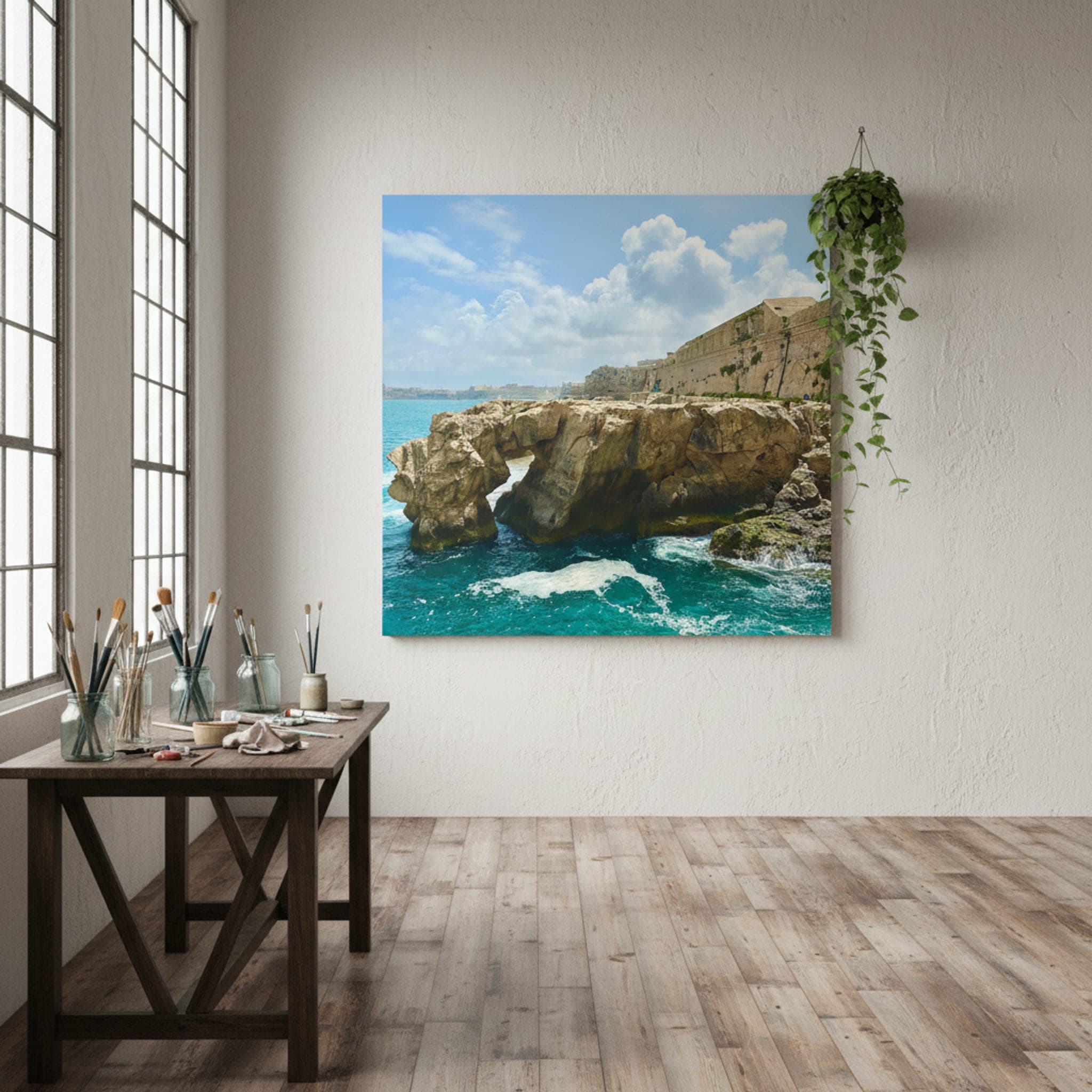 Malta's Azure Archway shown as a canvas print in a styled interior, view 1 of 3