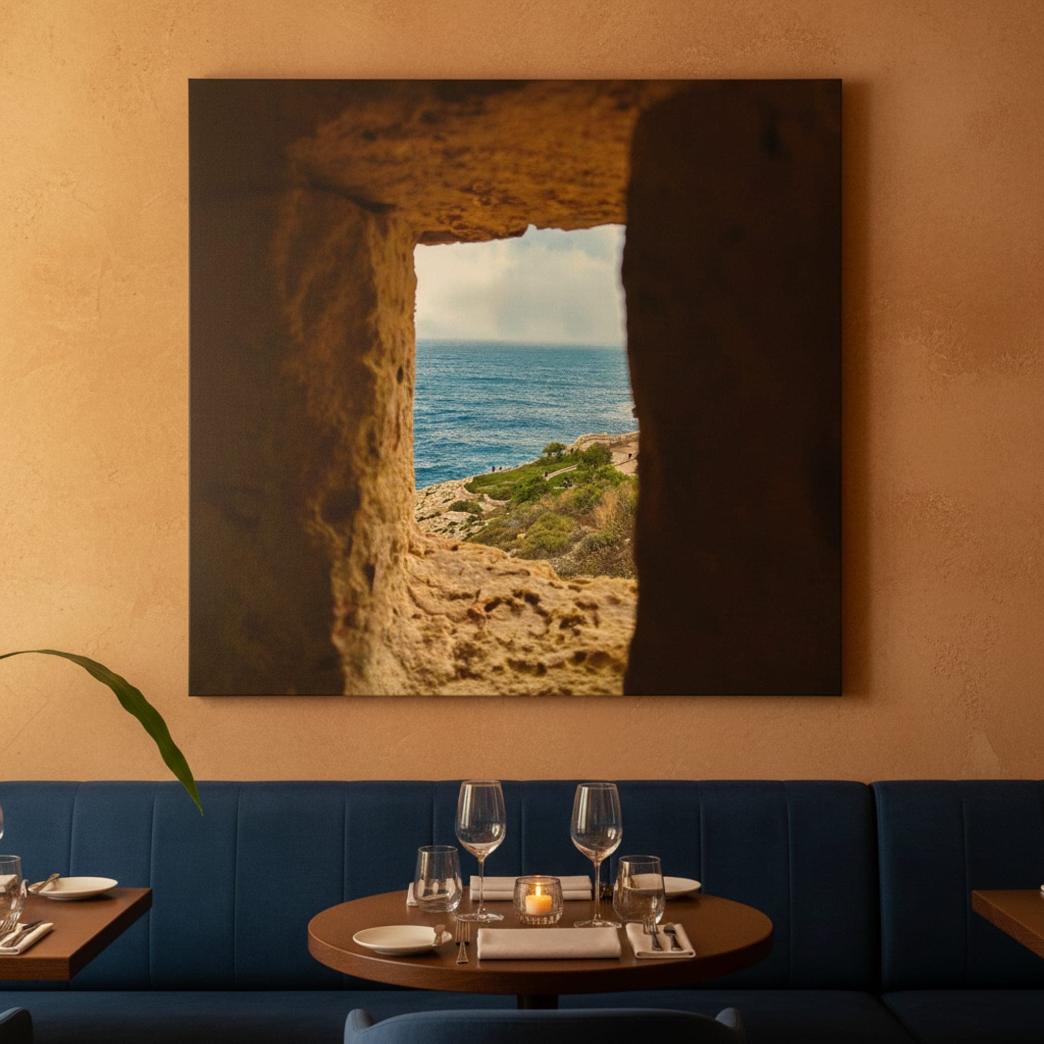 Malta's Azure Window shown as a canvas print in a styled interior, view 1 of 3