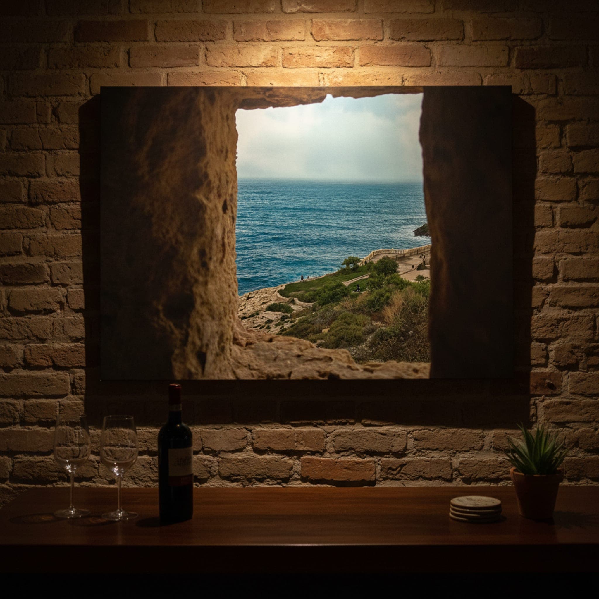 Malta's Azure Window shown as a canvas print in a styled interior, view 2 of 3