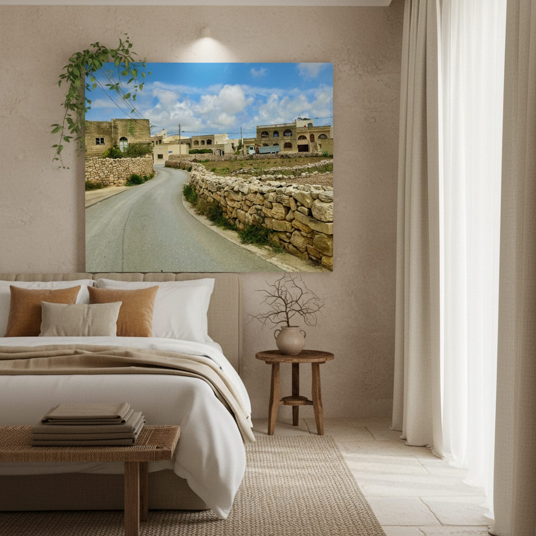 Malta's Stone Road shown as a canvas print in a styled interior, view 1 of 3