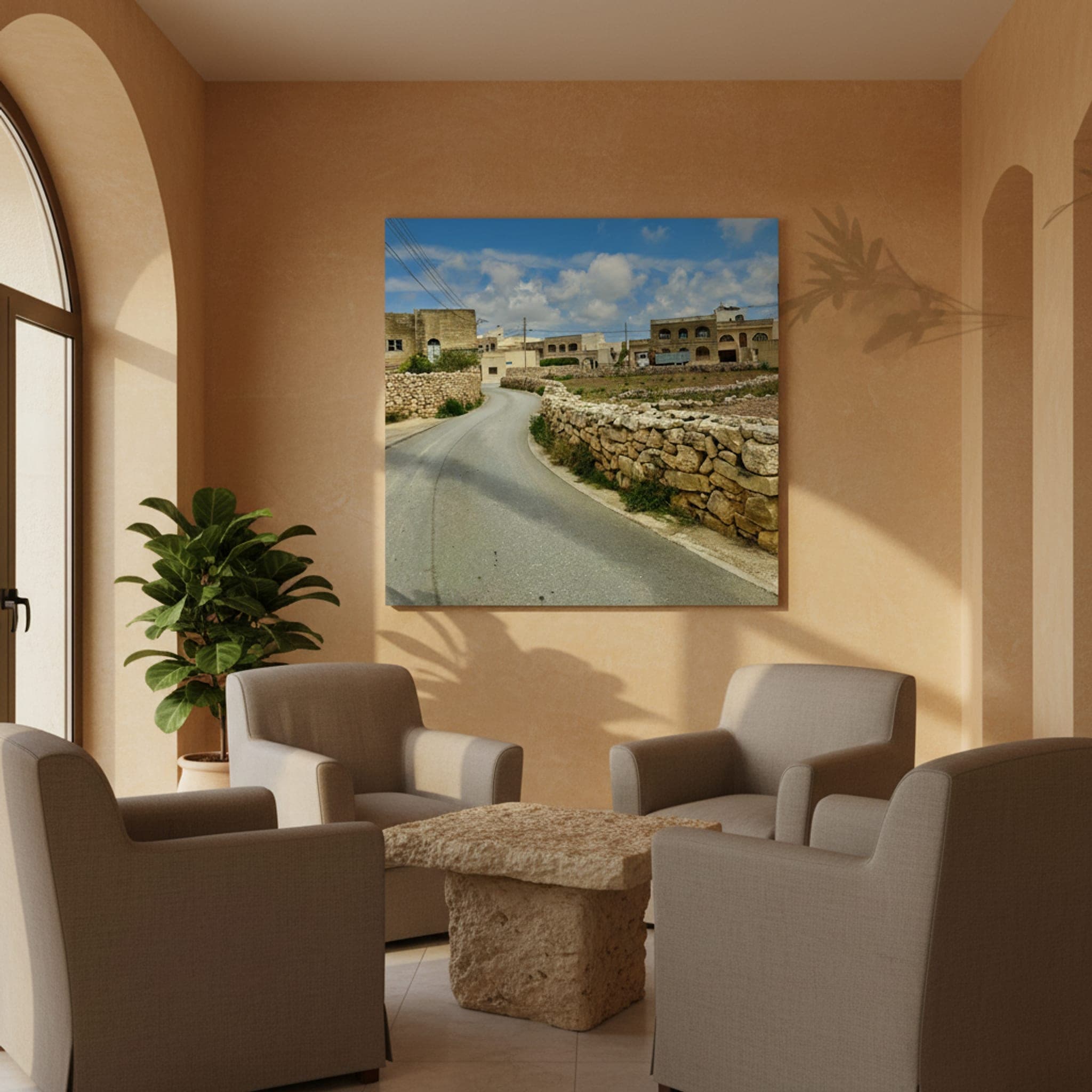 Malta's Stone Road shown as a canvas print in a styled interior, view 2 of 3