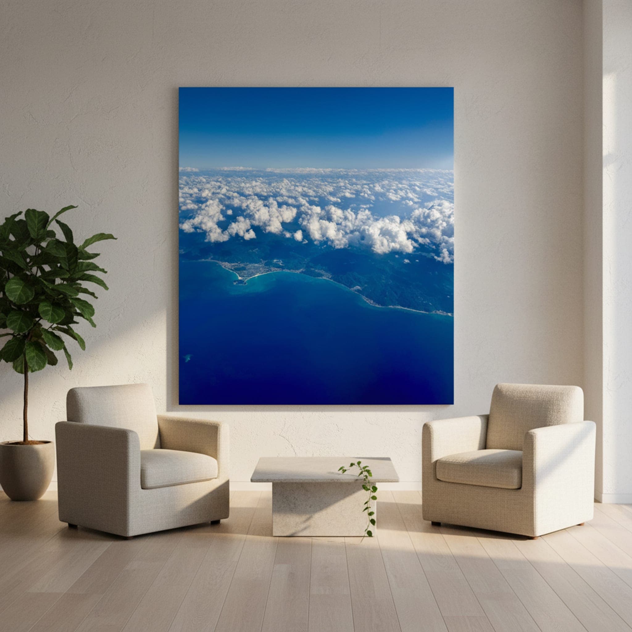 Okinawa's Azure Embrace shown as a canvas print in a styled interior, view 2 of 3