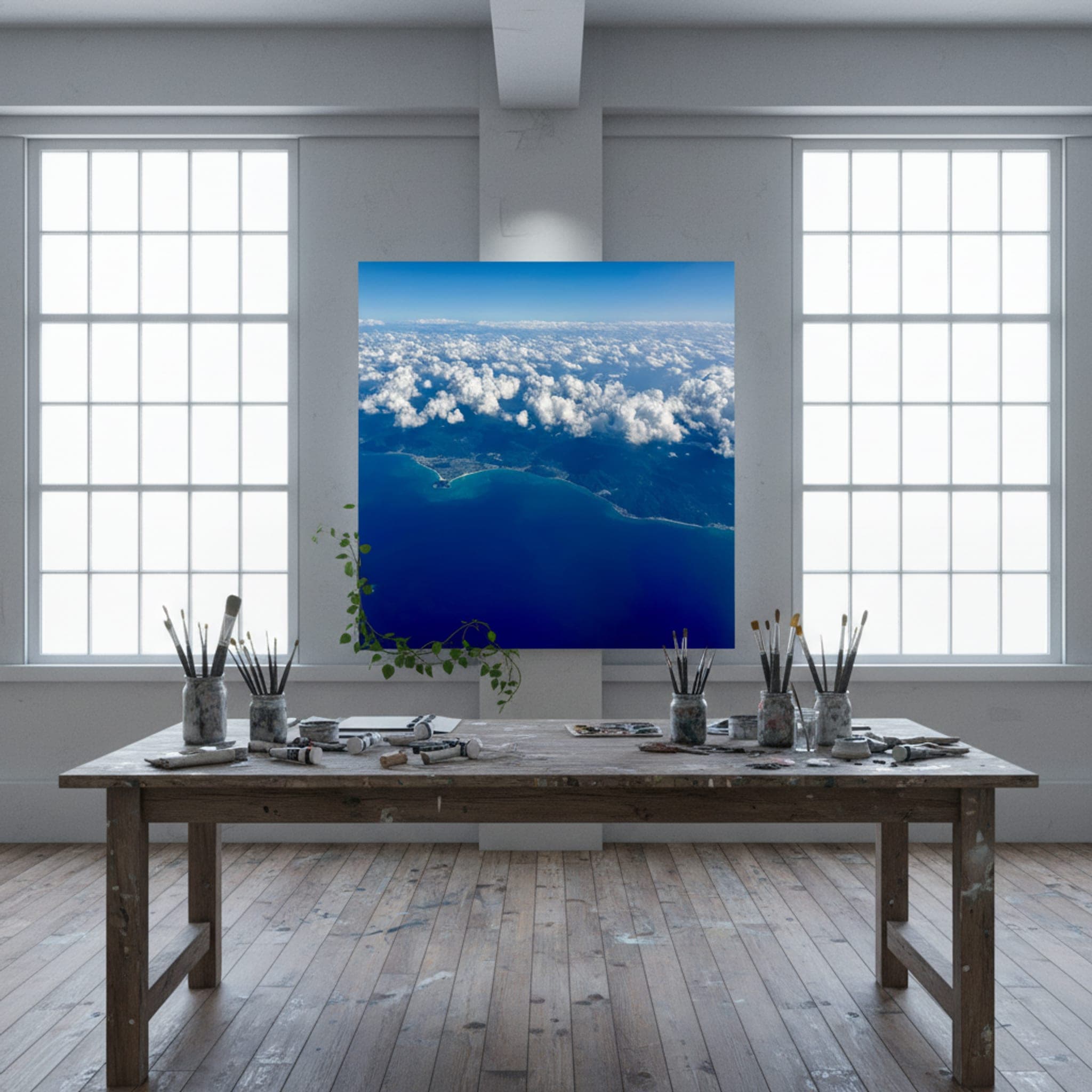 Okinawa's Azure Embrace shown as a canvas print in a styled interior, view 3 of 3
