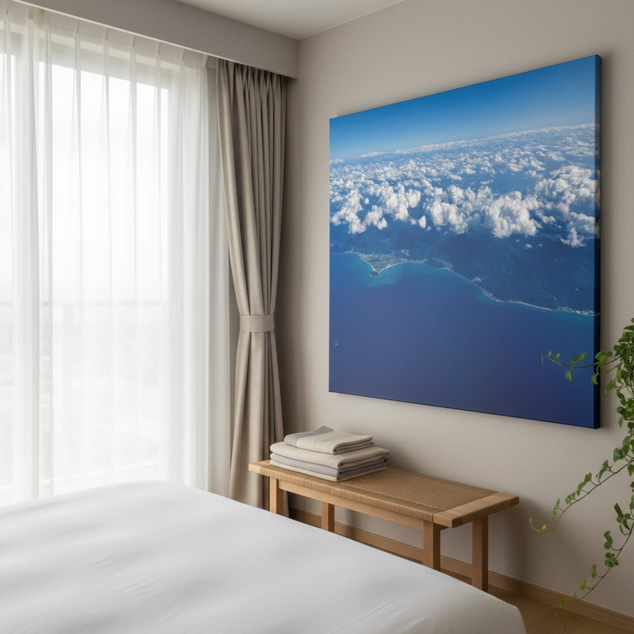 Okinawa's Azure Embrace shown as a canvas print in a styled interior, view 1 of 3