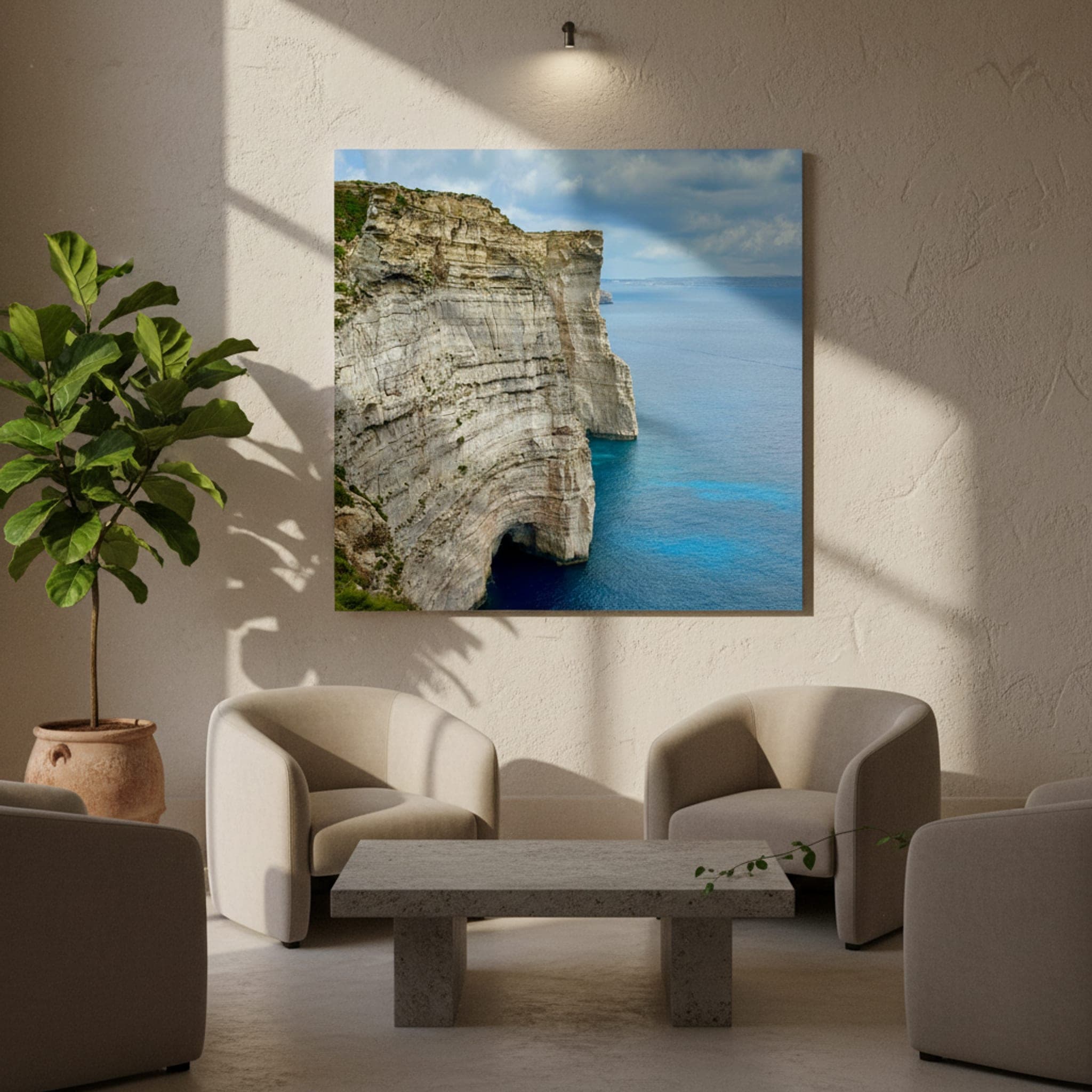 Malta's Coastal Giants shown as a canvas print in a styled interior, view 3 of 3