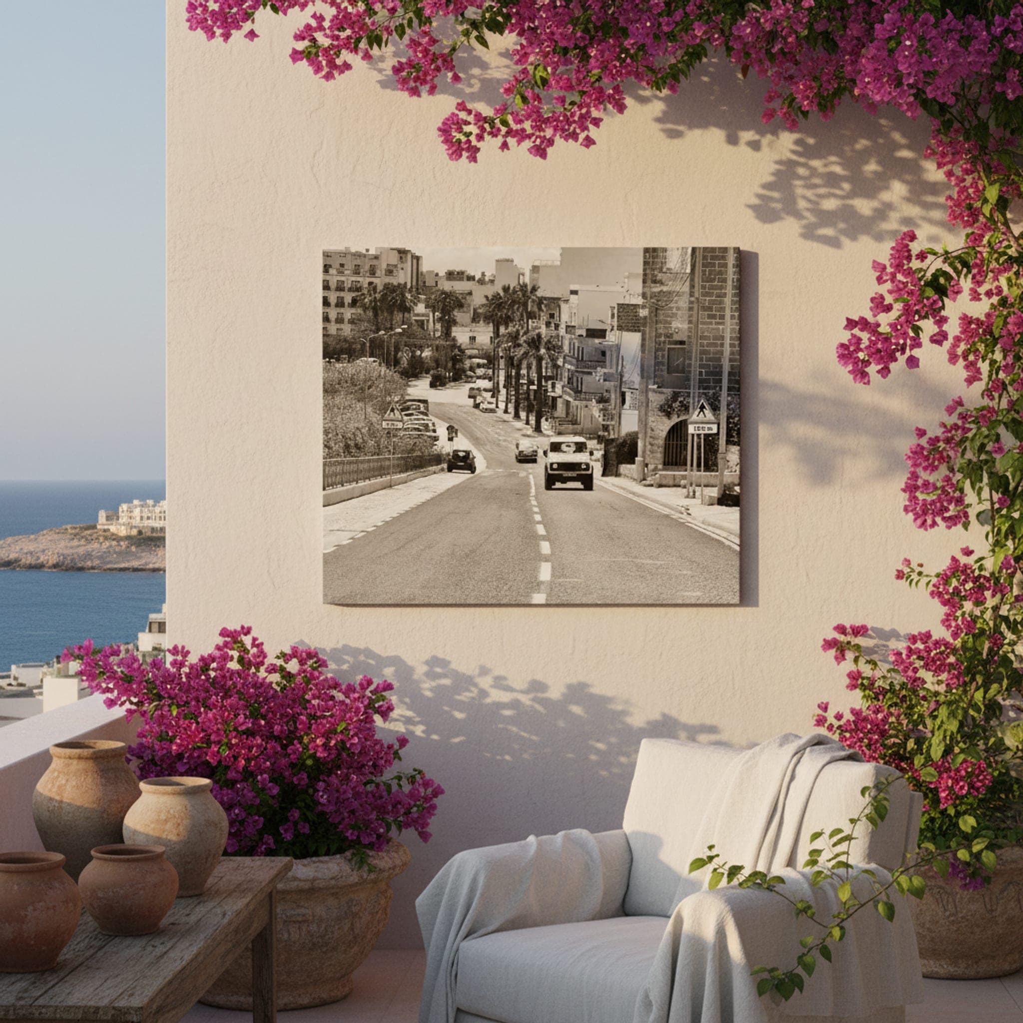 Malta Roadscape Palm Trees shown as a canvas print in a styled interior, view 2 of 3